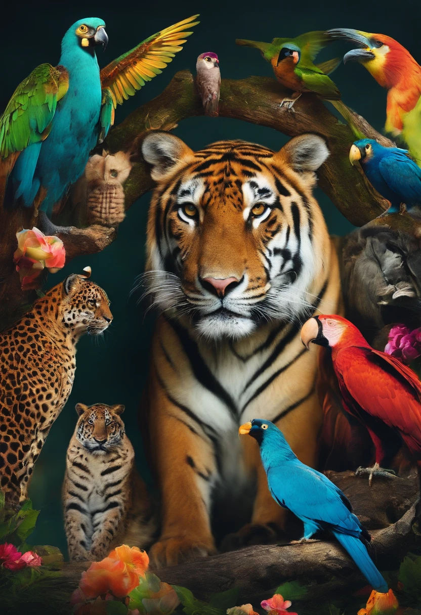 collage vibrante y colorido, with neon and shocking animals.