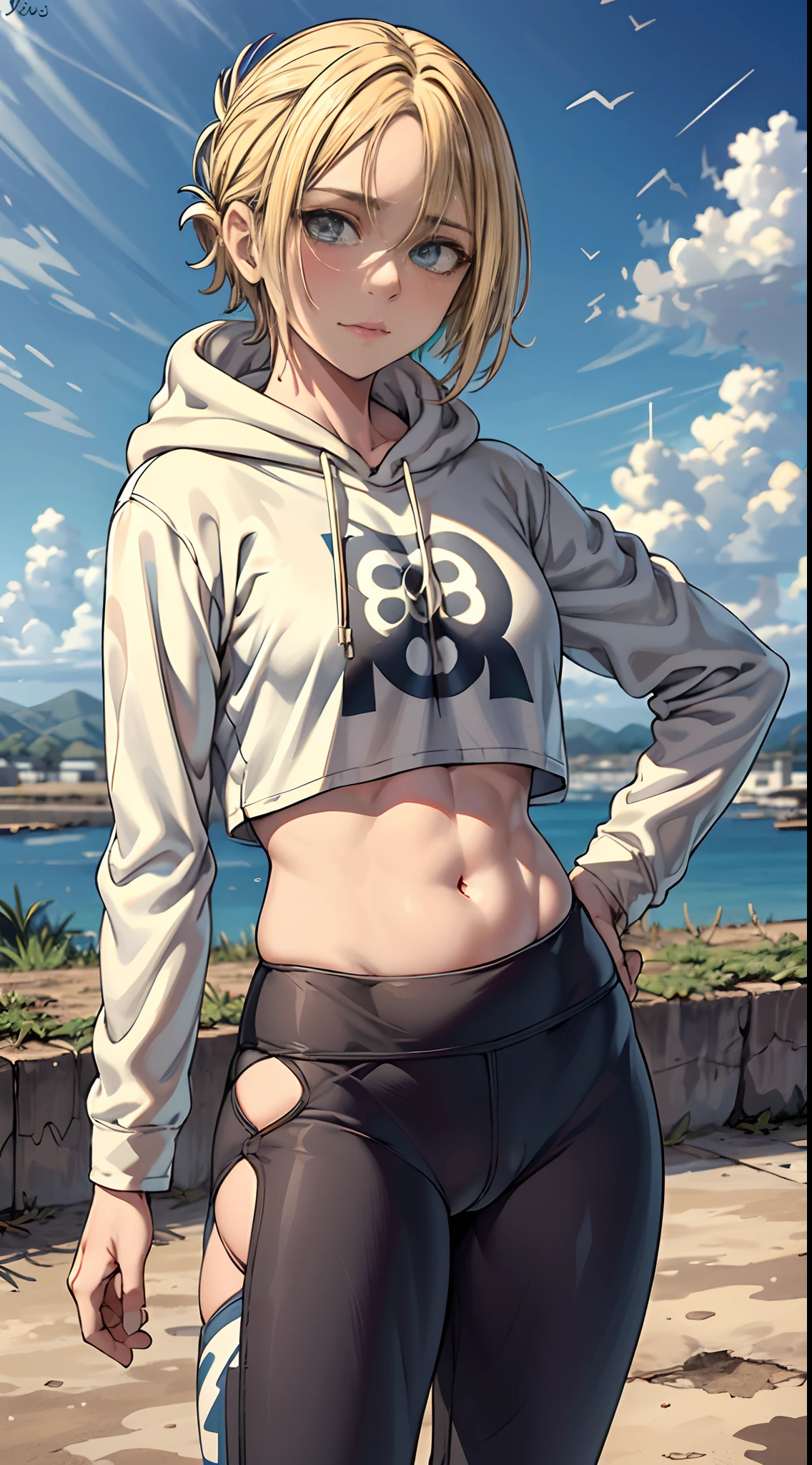 capuz, moletom, 1girl, hood down, hand on hip, Cloud, piso, heaven, moletom branco, cabelo sobre um olho, umbigo, blonde hair, dia, blue skies, sky with clouds, Blurry, barriga, short hair, ao ar livre, Tonificado, seios, Olhando para o Viewer, yoga pants, horizonte, Pants, profundidade de campo, Mangas compridas, tampo cropped, olhos azuis, Standing, vegetation, brazi, Military training camp with a green area in the background, dirt floor, (best quality, master part), AnnieAOT, sozinho.