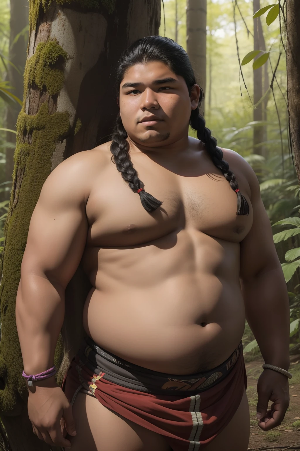 16-year-old indigenous man with fat body weighing 120 pounds. Uma faixa vertical vermelha na face, long braid hair, rosto mal humarado, usando saiote de couro, dentro de uma floresta