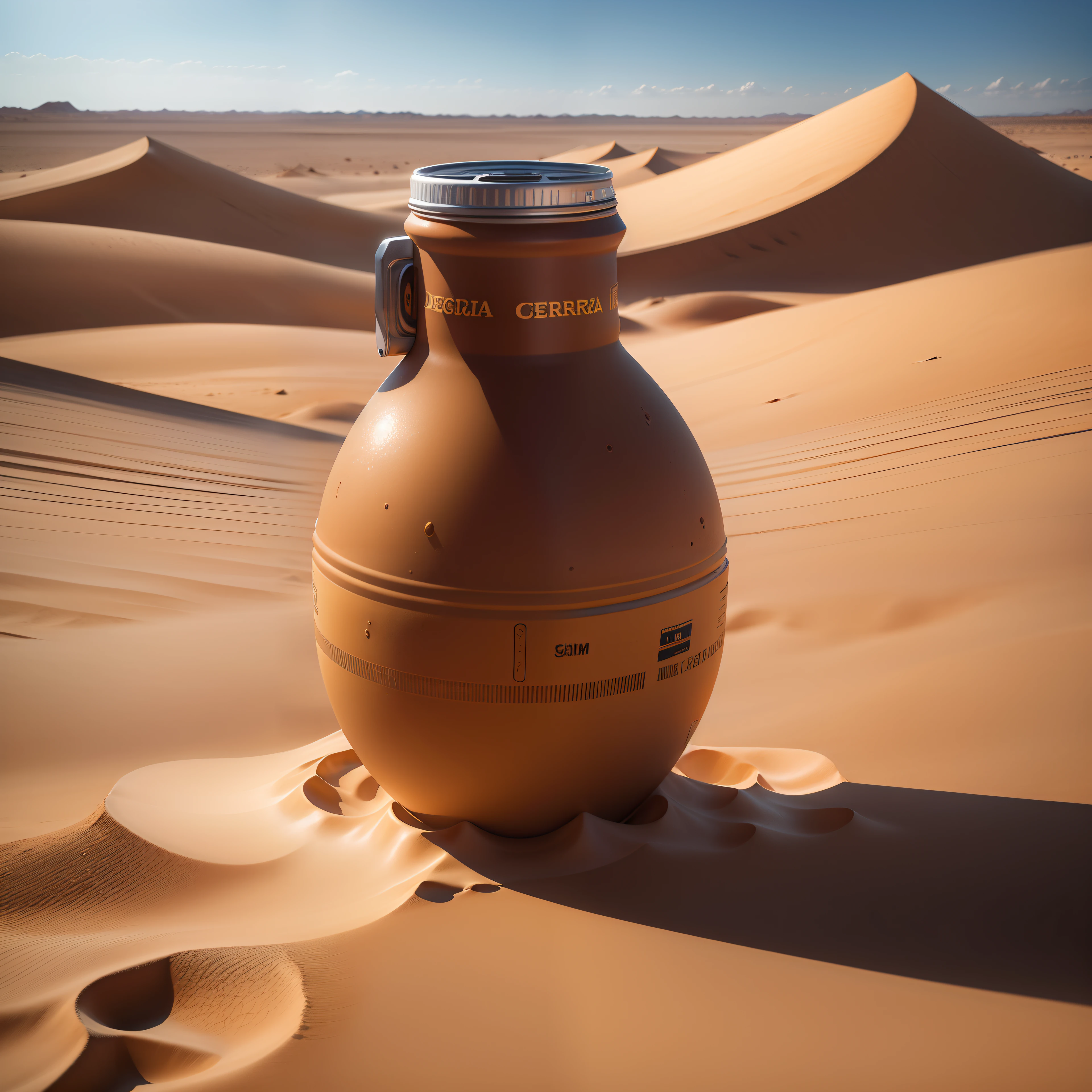 Uma garrafa de cerveja no deserto + imagem limpa + studiolight + vista frontal + foto tirada pela Canon EOS 5D Mark IV + fotografia de estilo do produto + Publicidade comercial + Foto realista, 8k