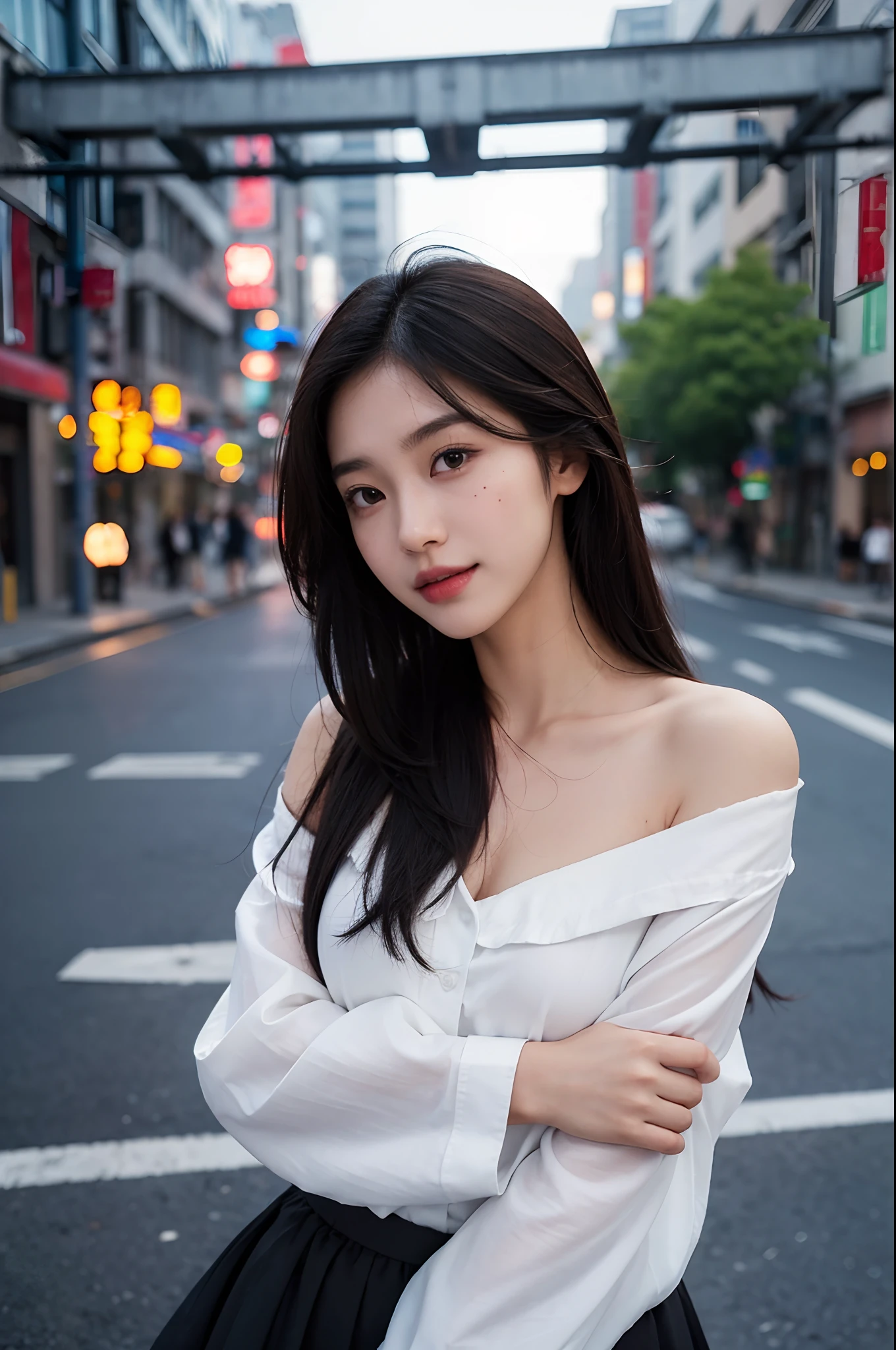 there is a woman with long hair and a jacket posing for a picture, nivanh chanthara, mai anh tran, south east asian with round face, professional profile picture, anime thai girl, headshot profile picture, thawan duchanee, 1 8 yo, 19 years old, a young asian woman, headshot photo, 17 years old, (skin blemish:1.2), (skindentation), black eye, 1woman, 25yo, (((woman))), solo, realistic, best quality, photorealistic, masterpiece, 8k, high res, solo, extremely detailed face, (professional lighting, bokeh), (light particles, lens flare, glowing particles:0.6), (dynamic pose:1.2), soft lighting, top angle view, fashionable and trendy atmosphere, japan, street, tokyo, city, ((daytime)), sky, ((looking at the viewer:1)), (looking at the camera),(portrait:0.6), cowboy shot, gorgeous, standing, keep original facial proportion, wide shoulder, full body, (small breast), (medium hair), brown hair, floating hair, lips, lipstick, seductive smile, floating hair, smile, open_mouth, teeth, (sleeves less white blouse), (jumper skirt), eyelashes, mole, (mole under eye:1),