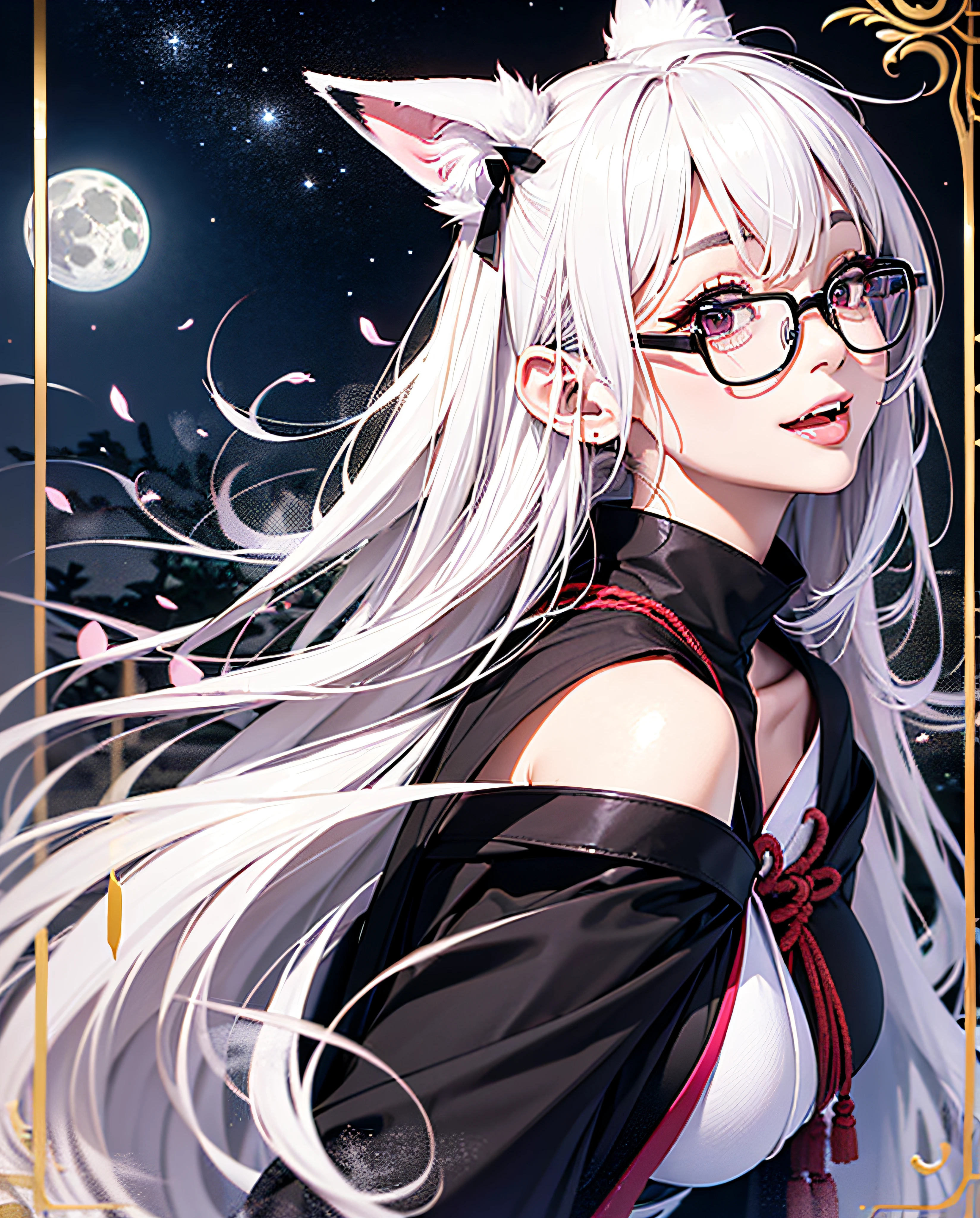 16K Ultra High Definition Top Quality Glamorous Fox Girl、ultra gigantic tits、Super big ass、Super Detail Super Real Body、One eye is hidden。Very long lashes、White fox ears、Glossy detailed hair texture、White and black mesh long beautiful hair sly smile cute fangs and pink tongue.She wears a black hakama with the costume of a shrine priestess.、Wear only white Japan clothes with protruding shoulders、Obi knot in front。There is a large ribbon in the knot.。Wearing red-rimmed glasses。Nine thick white tails extending from the tailbone Bewitching smoke covering the surroundings The background is a fantastic Japan garden where you can see the moon