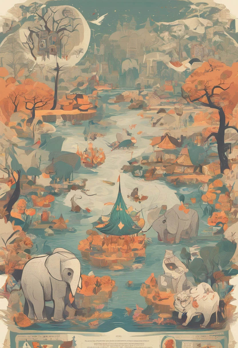There are many different animal motifs in this photo, elephant, crocodile, rabbit and other animal patterns, cute, hand drawn illustration, colorful, Wang Chen, crocodile Loki, art cover, ƒ5.6,🦩🪐🐞👩🏻🦳; 🌞🌄 , code, 🪔 🎨 metaverse