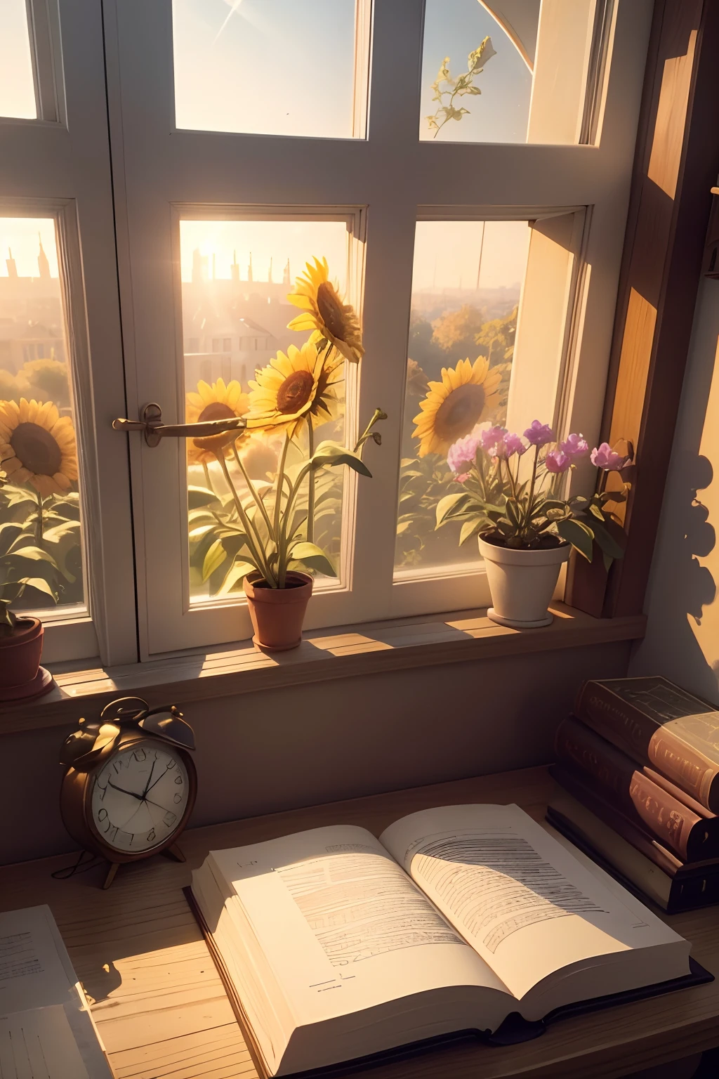 one book Holy Bible, A masterpiece,the best qualityt,high qualit,early in the morning,The desk is by the window,Sunlight shines through the window on the desk top 3:2,There are flowers by the window,Plante
