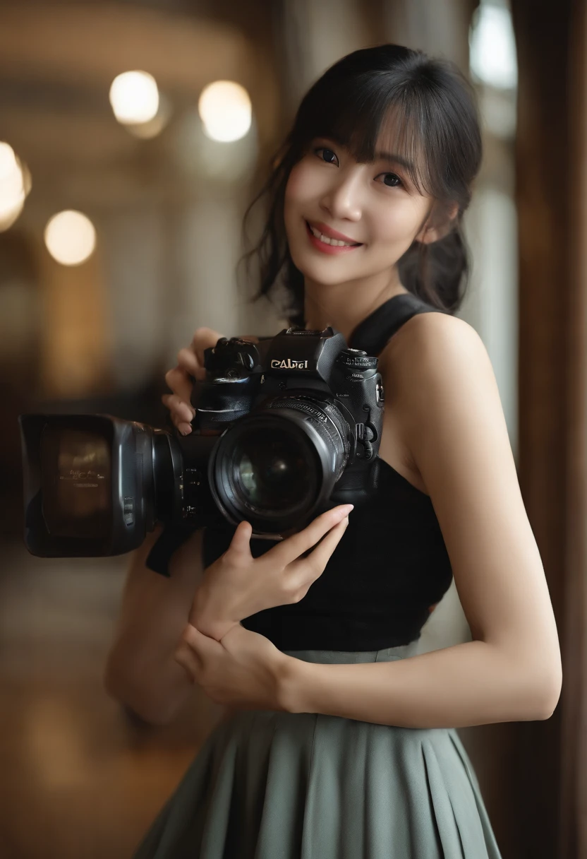 ((top-quality、8K、​masterpiece:1.3))、sharp:1.2、Perfect Body Beauty:1.4、Slim abs:1.2、((Layered Hair Style、Colossal tits:1.2))、Wetty:1.5、Highly detailed facial and skin texture、A detailed eye、二重まぶた、Aspect of looking at the camera、Sweat droplets、Photographing the whole body、portrait photo of a female、Black hair　Yoshinmori curly hair　Clothing that reflects the valley　tight skirts　Colossal tits　Similar to Airi Suzumura　A smile