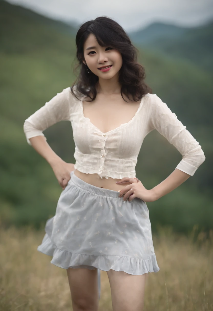 ((top-quality、8K、​masterpiece:1.3))、sharp:1.2、Perfect Body Beauty:1.4、Slim abs:1.2、((Layered Hair Style、Colossal tits:1.2))、Wetty:1.5、Highly detailed facial and skin texture、A detailed eye、二重まぶた、Aspect of looking at the camera、Sweat droplets、Photographing the whole body、portrait photo of a female、Black hair　Yoshinmori curly hair　Clothing that reflects the valley　tight skirts　Colossal tits　Similar to Airi Suzumura　A smile