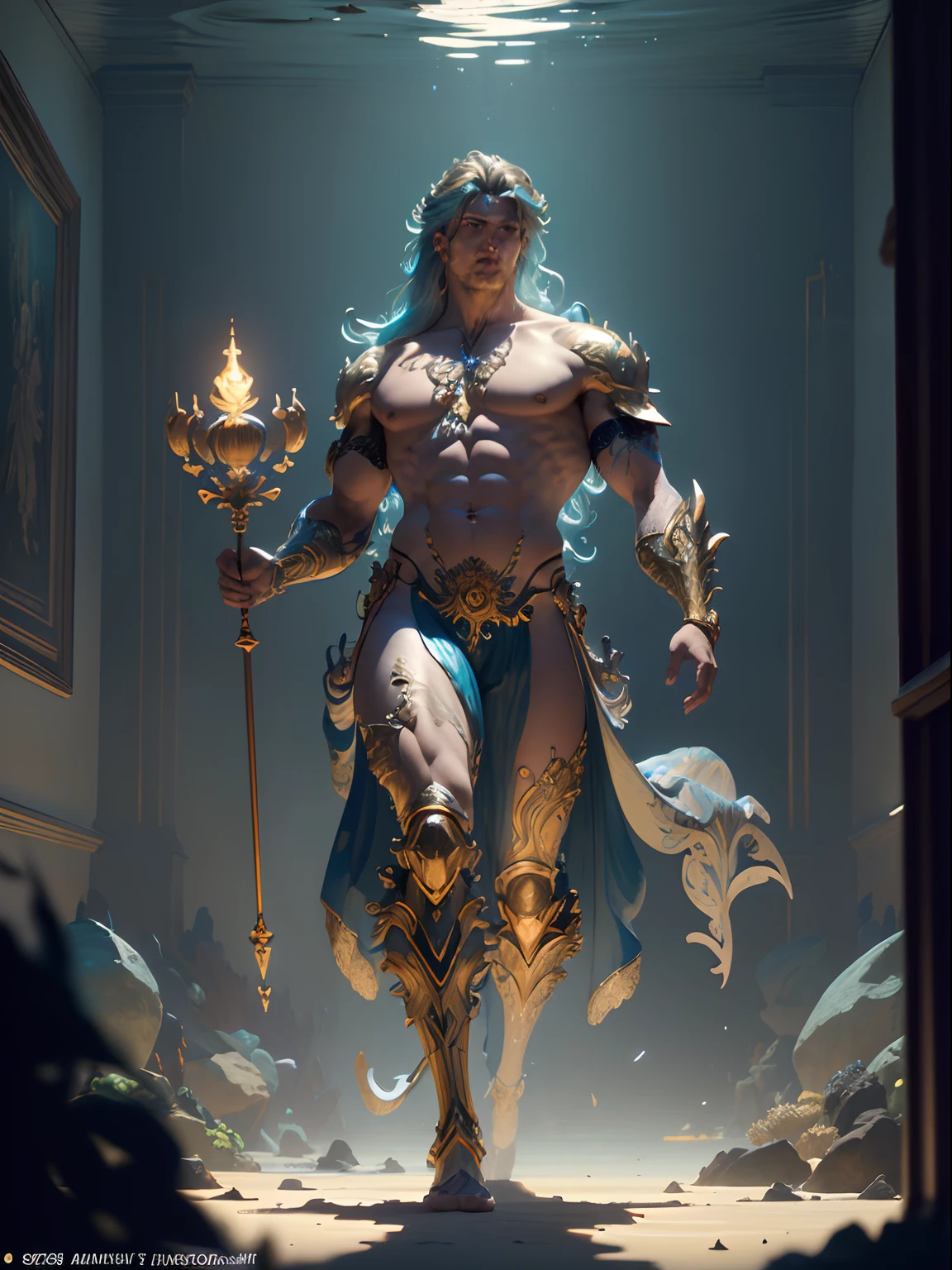 A full body portrait of a very strong and fitted mighty Triton, under the sea scene, long waivy hair, with a neon Trident in his hand, cgi, hyperrealistic, magical, mythological king, underwater environment, futuristic city environment, futuristic environment holding a neon trident, golden skin, standing, background (ornate palace fantasy, intricate, elegant, highly detailed, digital painting, art station, concept art, soft, clear focus, illustration, artwork by Gaston Bussiere and Alphonse Mucha, panorama, UHD, masterpiece, ccurate, textured skin, super detail, high details, high quality, highres, best quality, award winning, 8k, cinematic lighting
