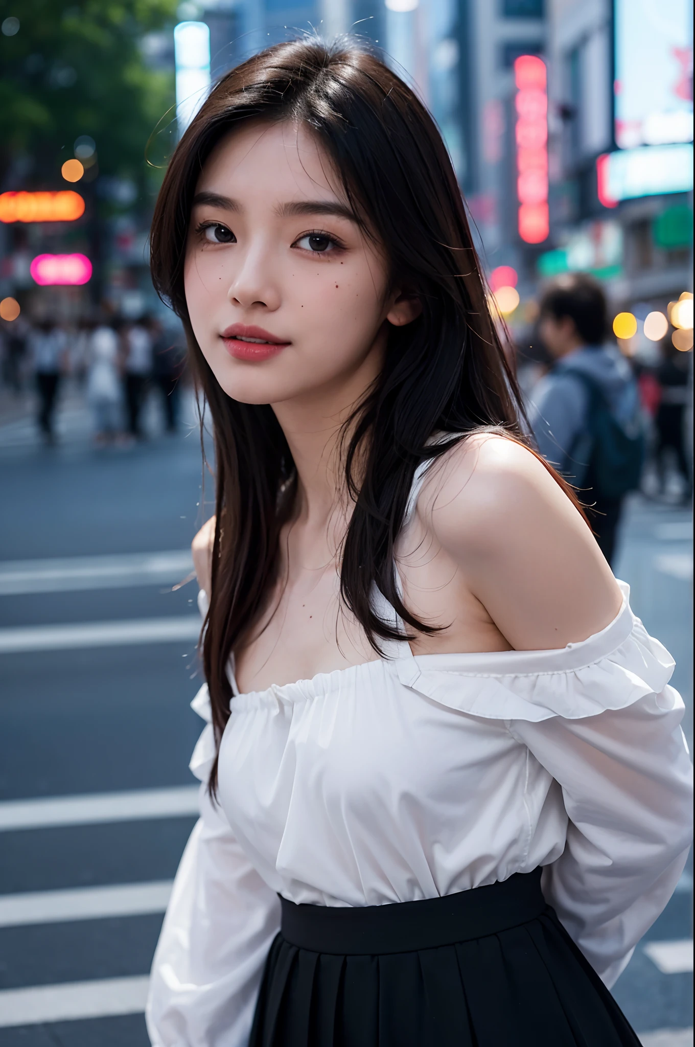 there is a woman with long hair and a jacket posing for a picture, nivanh chanthara, mai anh tran, south east asian with round face, professional profile picture, anime thai girl, headshot profile picture, thawan duchanee, 1 8 yo, 19 years old, a young asian woman, headshot photo, 17 years old, (skin blemish:1.2), (skindentation), black eye, 1woman, 25yo, (((woman))), solo, realistic, best quality, photorealistic, masterpiece, 8k, high res, solo, extremely detailed face, (professional lighting, bokeh), (light particles, lens flare, glowing particles:0.6), (dynamic pose:1.2), soft lighting, top angle view, fashionable and trendy atmosphere, japan, street, tokyo, city, ((daytime)), sky, ((looking at the viewer:1)), (looking at the camera),(portrait:0.6), cowboy shot, gorgeous, standing, keep original facial proportion, wide shoulder, full body, (small breast), (medium hair), brown hair, floating hair, lips, lipstick, seductive smile, floating hair, smile, open_mouth, teeth, (sleeves less white blouse), (jumper skirt), eyelashes, mole, (mole under eye:1),