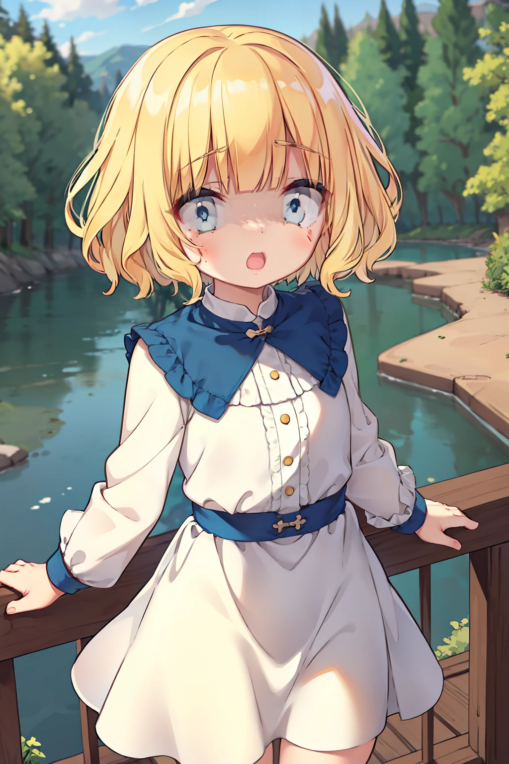 1girl in, Cute, Short hair, Blue eyes, Blonde hair, Blunt bangs, Wavy Hair, Dress, depth of fields, forest, River,