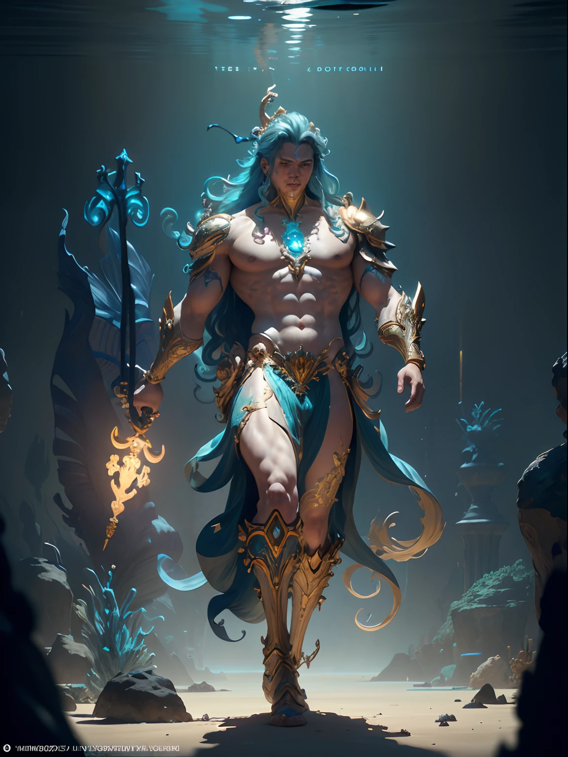 A full body portrait of a very strong and fitted mighty Triton, under the sea scene, long waivy hair, with a neon Trident in his hand, cgi, hyperrealistic, magical, mythological king, underwater environment, futuristic city environment, futuristic environment holding a neon trident, golden skin, standing, background (ornate palace fantasy, intricate, elegant, highly detailed, digital painting, art station, concept art, soft, clear focus, illustration, artwork by Gaston Bussiere and Alphonse Mucha, panorama, UHD, masterpiece, ccurate, textured skin, super detail, high details, high quality, highres, best quality, award winning, 8k, cinematic lighting