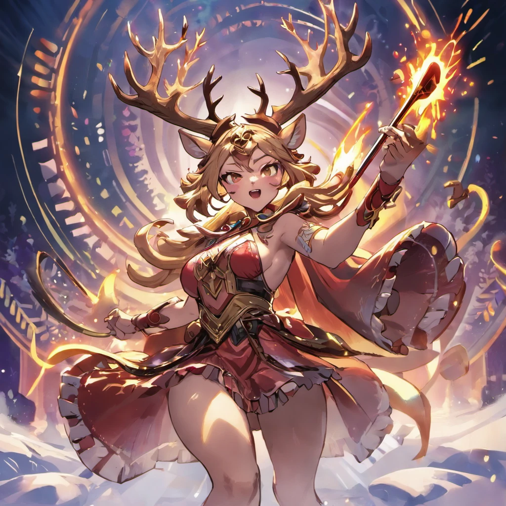 Strings and drums conjure a celebratory tune at the winter banquet as the divine deer call out from the heavens, masterpiece, best quality