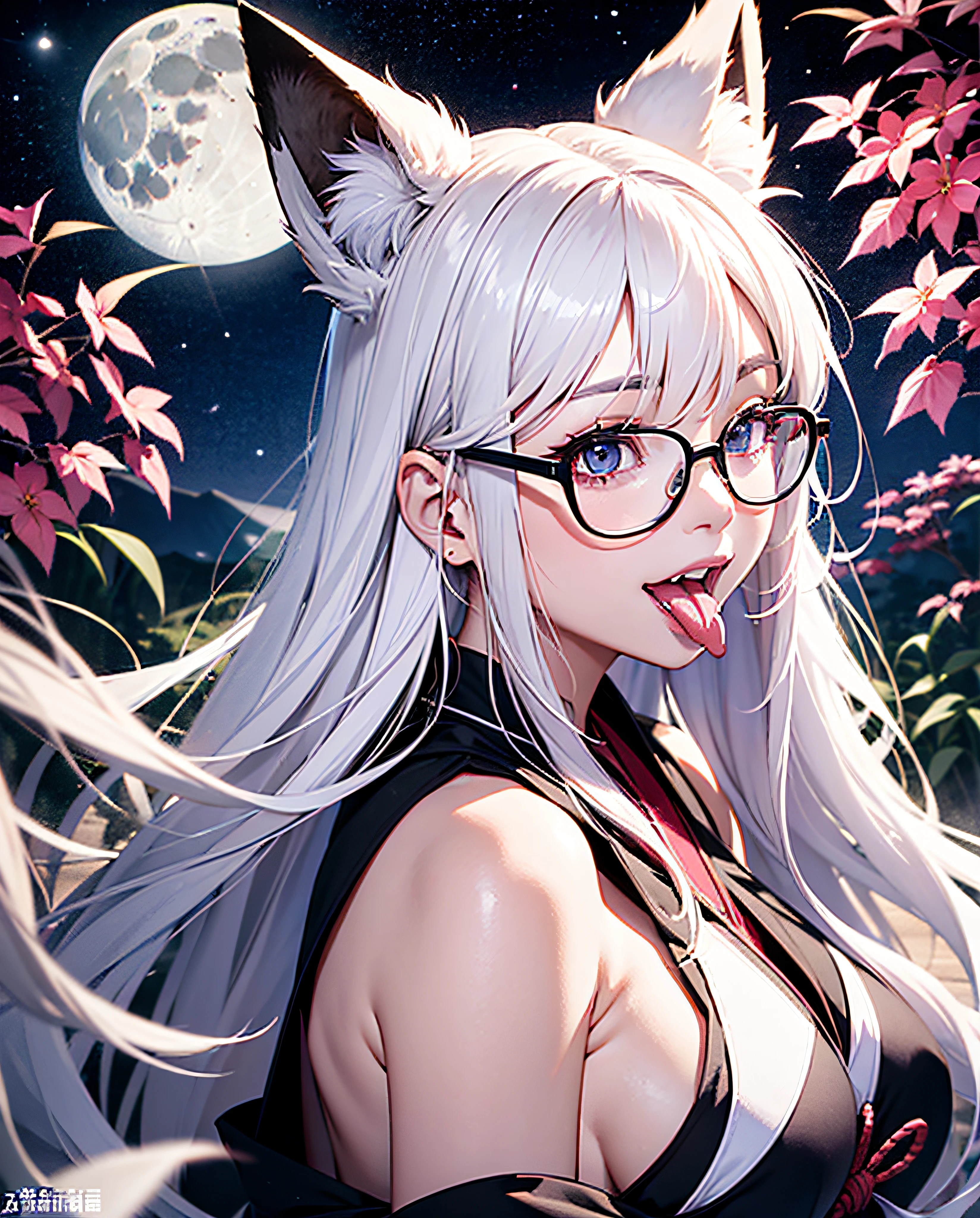 16K Ultra High Definition Top Quality Glamorous Fox Girl、ultra gigantic tits、Super big ass、Super Detail Super Real Body、One eye is hidden。Very long lashes、White fox ears、Glossy detailed hair texture、White and black mesh long beautiful hair sly smile cute fangs and pink tongue.She wears a black hakama with the costume of a shrine priestess.、Wear only white Japan clothes with protruding shoulders、Obi knot in front。There is a large ribbon in the knot.。Holding red-rimmed glasses in your hands and licking them。Nine thick white tails extending from the tailbone Bewitching smoke covering the surroundings The background is a fantastic Japan garden where you can see the moon