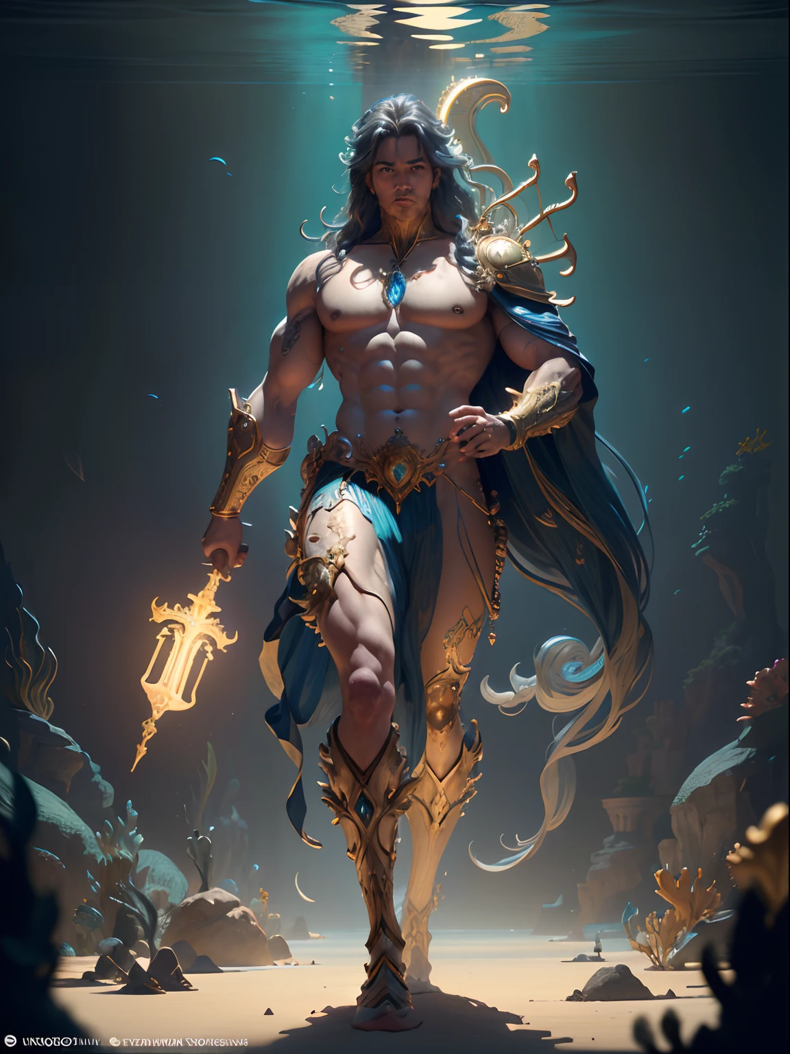 A full body portrait of a very strong and fitted mighty Triton, under the sea scene, long waivy hair, with a neon Trident in his hand, cgi, hyperrealistic, magical, mythological king, underwater environment, futuristic city environment, futuristic environment holding a neon trident, golden skin, standing, background (ornate palace fantasy, intricate, elegant, highly detailed, digital painting, art station, concept art, soft, clear focus, illustration, artwork by Gaston Bussiere and Alphonse Mucha, panorama, UHD, masterpiece, ccurate, textured skin, super detail, high details, high quality, highres, best quality, award winning, 8k, cinematic lighting