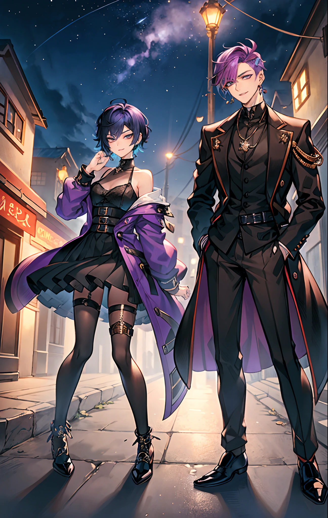 masterpiece, top-quality, 2Others, ((Male couple)), 1 man and 1,, Adults, Height difference, different fashion, different color, finely eye and detailed face, intricate detailes, Casual clothing, Oversized shirt, Modern urban streets, A smile, Happiness, tenderness, queers, high-level image quality、 ((Two beautiful men))、tall、The upper part of the body、nightfall、nighttime scene、𝓡𝓸𝓶𝓪𝓷𝓽𝓲𝓬、Two Men Kissing, Korean Male, Idol Photos, k pop, Professional Photos, Vampires, Korean fashion in black and white, Fedoman with necklace, inspired by Sim Sa-jeong, androgynous vampire, :9 detailed face: 8, extra detailed face, detailed punk hair, ((eyes are brown)) baggy eyes, Seductive. Highly detailed, semi realistic anime, Vampires, hyperrealistic , delicate androgynous prince, imvu, short hair above the ears, Man with short hair, ((Purple-haired man with a glaring expression and a man with light blue hair with a gentle expression)), ((With a short-haired man with bright purple hair)), ((Man with light blue hair)), kiss together, Kissing each other, ((Two people))