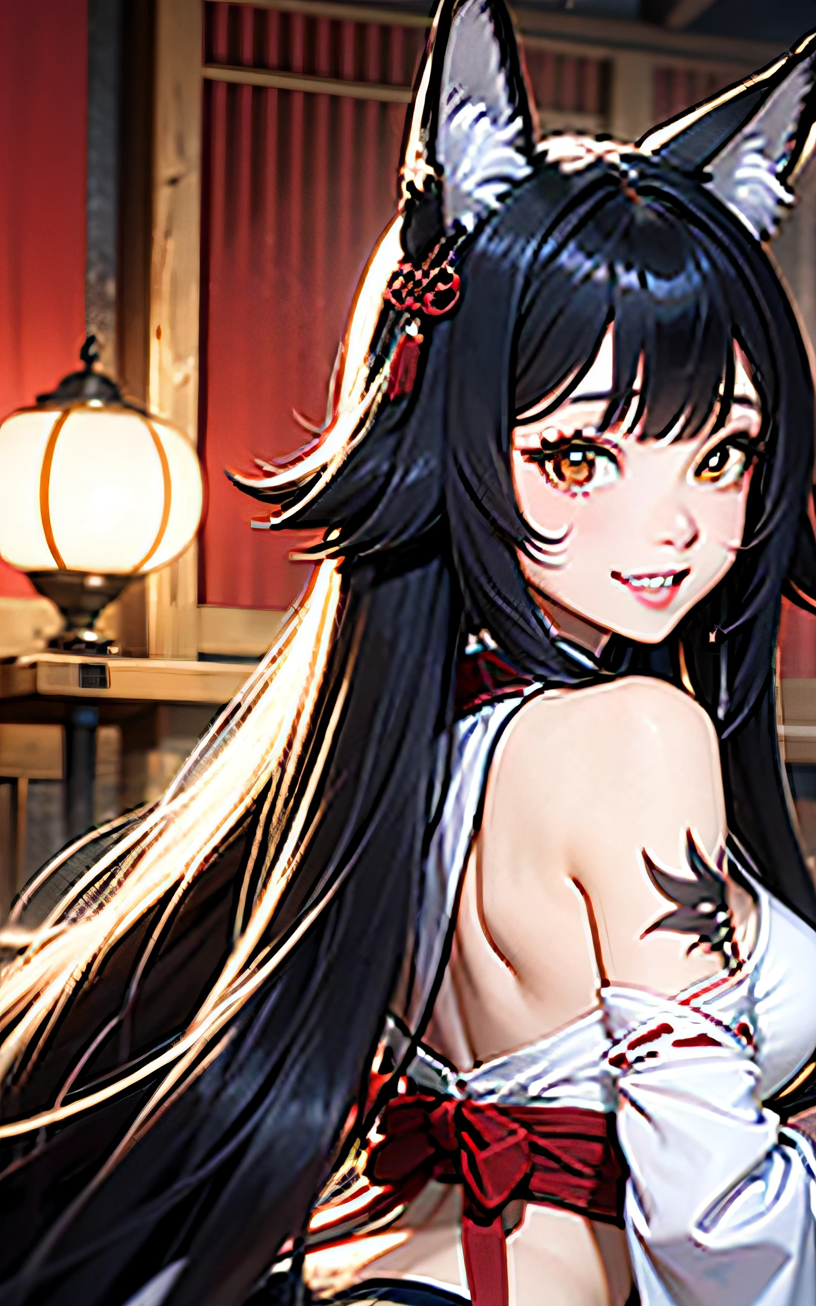16K Ultra High Definition Top Quality Glamorous Fox Girl、ultra gigantic tits、Super big ass、Super Detail Super Real Body。Very long lashes、Two white fox ears、Glossy detailed hair texture、White and black mesh long beautiful hair sly smile cute fangs and pink tongue.She wears a black hakama with the costume of a shrine priestess.、Wear only white and red Japan clothing with protruding shoulders、Obi knot in front。There is a large ribbon in the knot.。Licking fingers。Nine thick white tails extending from the tailbone Bewitching smoke covering the surroundings The background is a fantastic futon in a Japanese-style room at night where you can see the moon from the window She sleeping on a futon。Sexy pose with big ass facing camera、Midriff tattoo