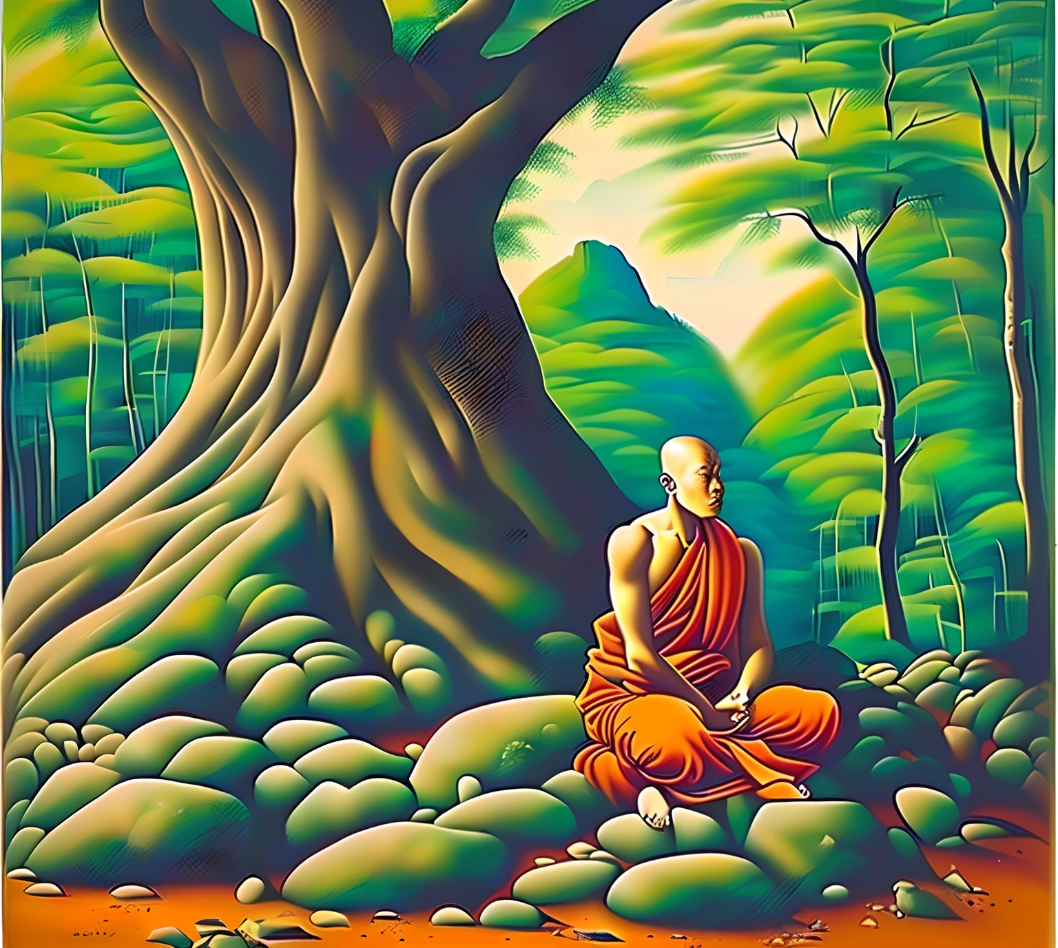 impressionismo, a Thai monk meditating on a rock silently under the large tree in the forest, luz da lua cheia, unique and intricate painting, oil painting on a canvas, escova molhada, beautiful composition