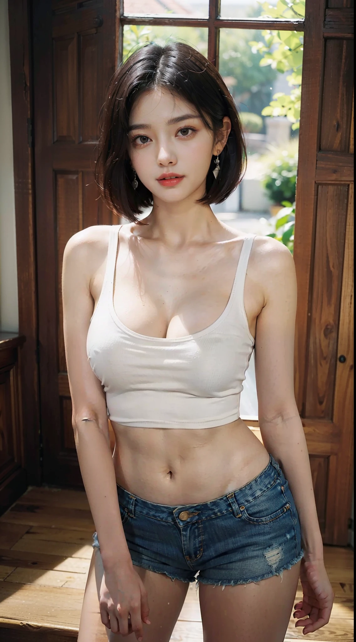 ((((masterpiece, best quality, high resolution)))), Extremely detailed 8K, Beautiful girl with slender body, (Ultra HD, Ultra-detailed, Highly detailed, Highly realistic, Ultra-realistic, photograph realistic), (1girl:1.5), (Realistic dark hair), short wavy hair, bob cut, (dynamic poses), facing at camera, light smile, (beautiful detailed face, beautiful detailed eyes), wide hips, (large breasts: 1.2), (huge breasts: 1.2), earrings, (white tank top, thin material), cleavage, dark jean shorts, glow, sweat, (sunbeam, sunlight)
