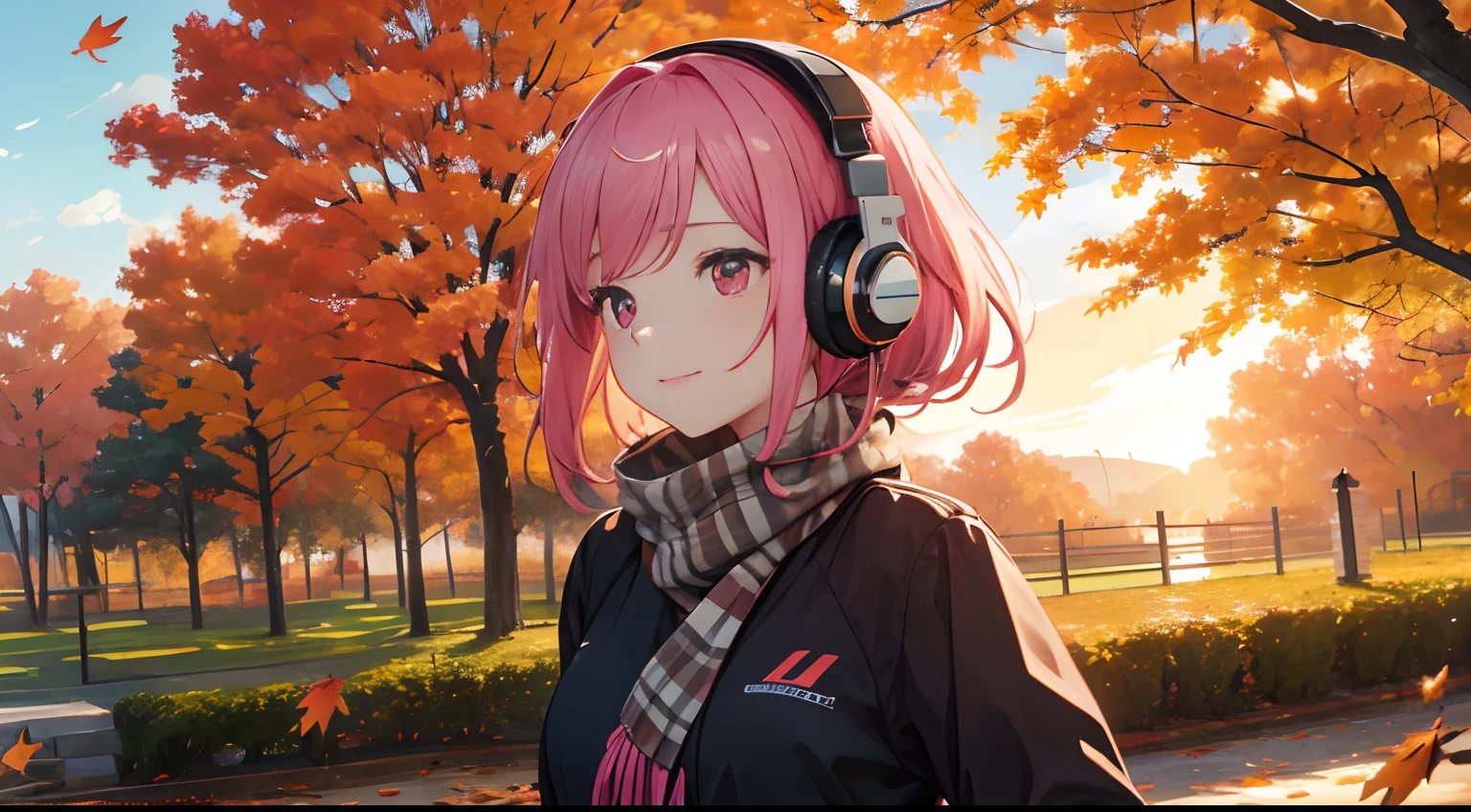 masterpiece、top-quality、Movie stills、1girl in、Landscape of autumn leaves、pink shorth hair、headphones、with light glowing、Happiness、Warm and soft lighting、Sunset of autumn leaves、(Spark:0.7)、Running