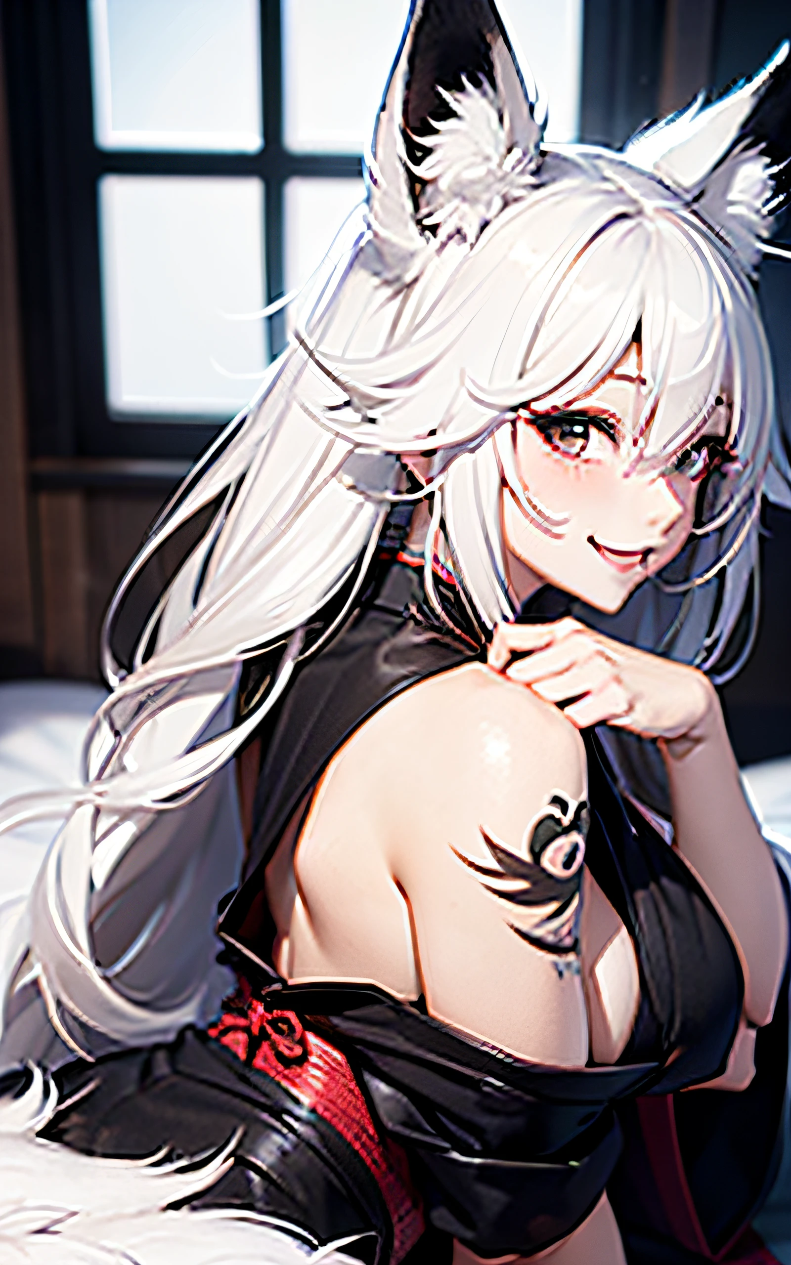 16K Ultra High Definition Top Quality Glamorous Fox Girl、ultra gigantic tits、Super big ass、Super Detail Super Real Body。Very long lashes、Two white fox ears、Glossy detailed hair texture、White and black mesh long beautiful hair sly smile cute fangs and pink tongue.She wears a black hakama with the costume of a shrine priestess.、Wear only white and red Japan clothing with protruding shoulders、Obi knot in front。There is a large ribbon in the knot.。Licking fingers。Nine thick white tails extending from the tailbone Bewitching smoke covering the surroundings The background is a fantastic futon in a Japanese-style room at night where you can see the moon from the window She sleeping on a futon。Sexy pose with big ass facing camera、Dirty print tattoos on the lower back and buttocks