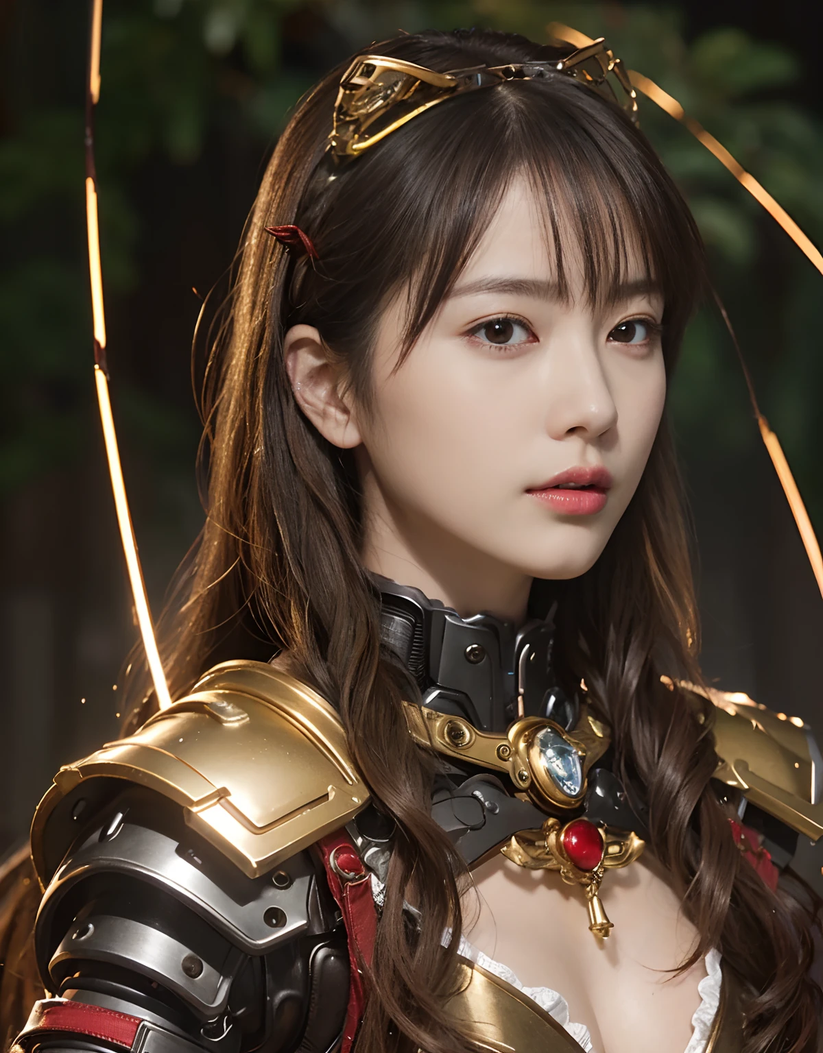 A close-up head and chest portrait of a pretty and cute girl, ???????, vulgar breast tight, ripe tits, wearing ironman costume and mask helmet, wet hair, sweat skin, cute appearance. Swarm by goblin, The highly detailed digital rendering captures every aspect of her beauty, from her delicate features to the intricate.