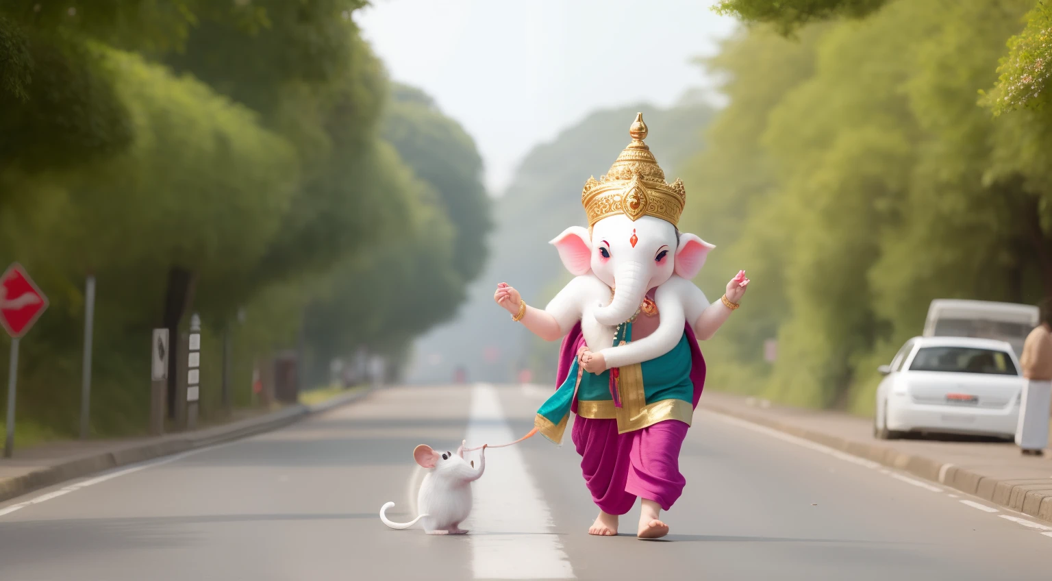 fluffy lord ganesha with small rat walking on road