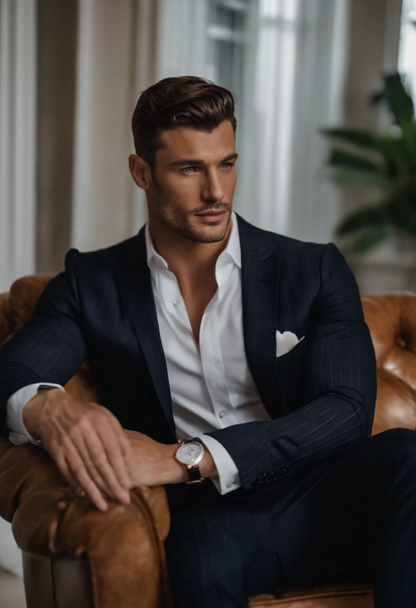 the best quality,Ultra detailded,Realstic:1.37,bel homme,beau visage,Detailed honey-colored eyes,Strong Jawline,barbe de chaume,beau sourire,Costume chic,Elegant hair,rabid,Security Posture,chevalier,look captivant,well groomed,professionnel,Appearance of the model,couleurs vives,studio lighting,ton de couleur chaud,milieu:portrait