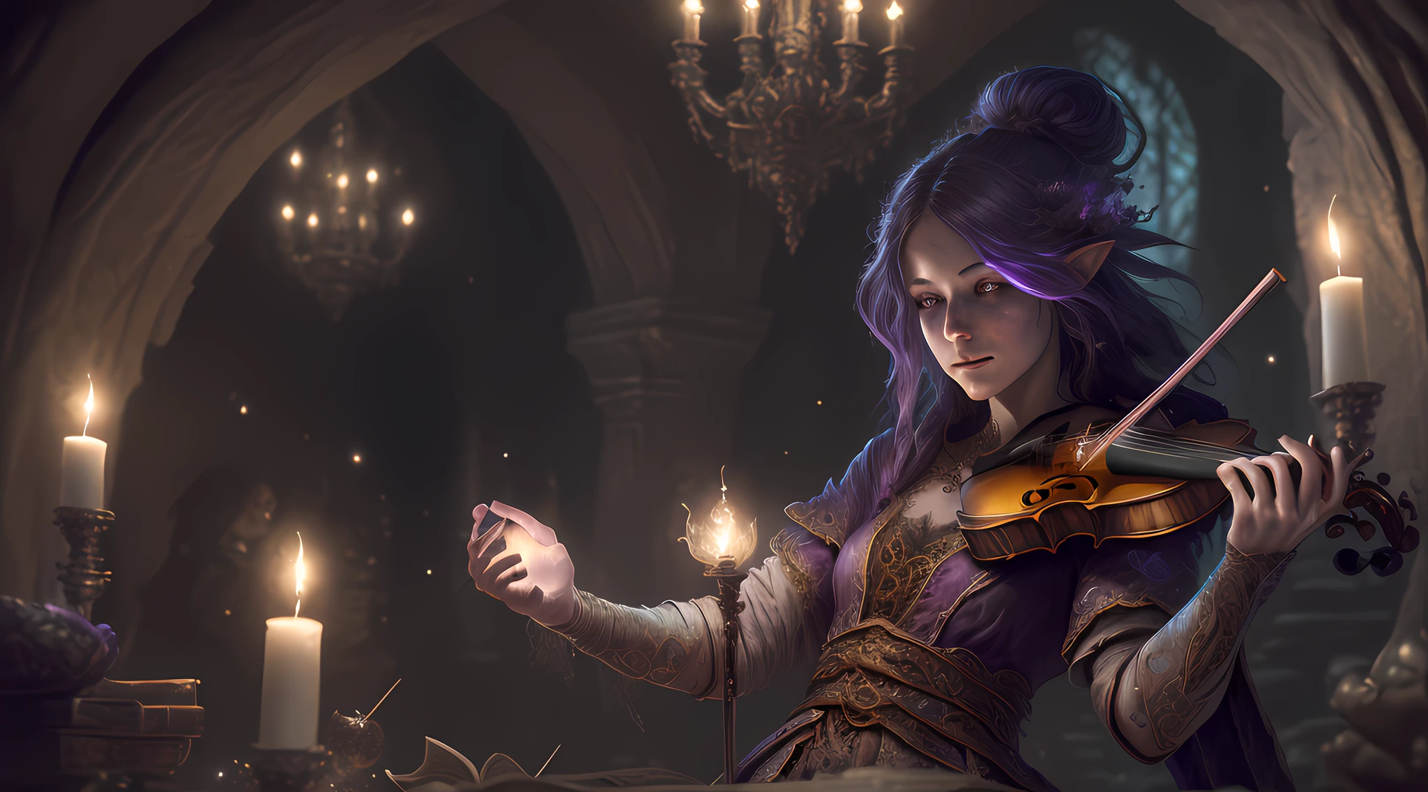 high details, best quality, 8k, [ultra detailed], masterpiece, best quality, (extremely detailed), full body, ultra wide shot, photorealistic, RAW, fantasy art, dnd art, fantasy art, realistic art, octane rendering, an ultra wide, full body, a picture  of a human female  (intricate details, Masterpiece, best quality: 1.5) fantasy bard, fantasy enchanter,  playing a (violin: 1.5)  and enchanting people in a tavern with magical song, colorful clothes, dynamic clothing, an epic beautiful female human [[anatomically correct]] bard (intricate details, Masterpiece, best quality: 1.5), dynamic hair, tavern full of crowd, many people (intricate details, Masterpiece, best quality: 1.5), bard playing violin and enchanting audience (intricate details, Masterpiece, best quality: 1.5), candles light, fantasy chandelier, magical notes, magical runes in the air (intricate details, Masterpiece, best quality: 1.5), V0id3nergy