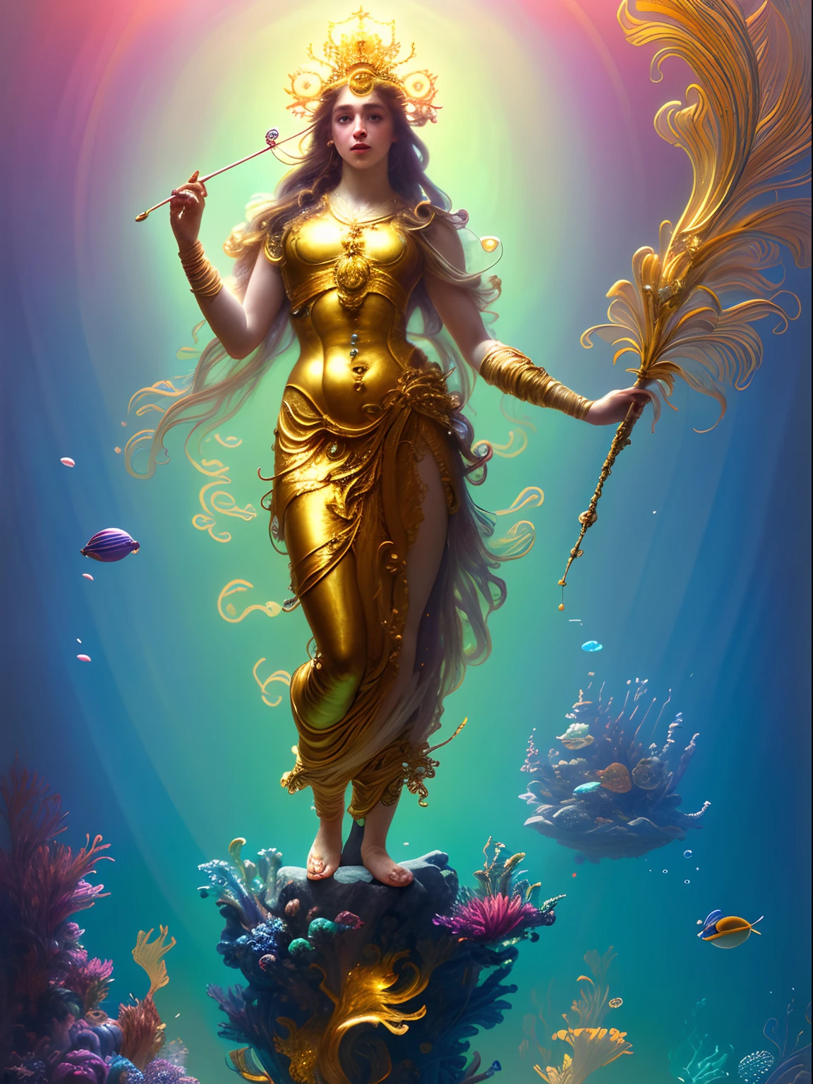 A full body portrait of a very strong and fitted mighty Triton, under the sea scene, long waivy hair, with a neon Trident in his hand, cgi, hyperrealistic, magical, mythological king, underwater environment, futuristic city environment, futuristic environment holding a neon trident, golden skin, standing, background (ornate palace fantasy, intricate, elegant, highly detailed, digital painting, art station, concept art, soft, clear focus, illustration, artwork by Gaston Bussiere and Alphonse Mucha, panorama, UHD, masterpiece, ccurate, textured skin, super detail, high details, high quality, highres, best quality, award winning, 8k, cinematic lighting