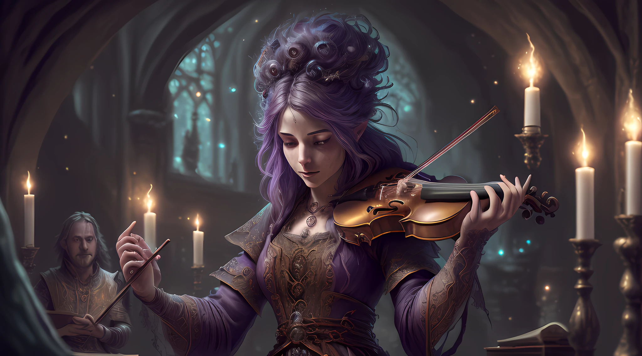high details, best quality, 8k, [ultra detailed], masterpiece, best quality, (extremely detailed), full body, ultra wide shot, photorealistic, RAW, fantasy art, dnd art, fantasy art, realistic art, octane rendering, an ultra wide, full body, a picture  of a human female  (intricate details, Masterpiece, best quality: 1.5) fantasy bard, fantasy enchanter,  playing a (violin: 1.5)  and enchanting people in a tavern with magical song, colorful clothes, dynamic clothing, an epic beautiful female human [[anatomically correct]] bard (intricate details, Masterpiece, best quality: 1.5), dynamic hair, tavern full of crowd, many people (intricate details, Masterpiece, best quality: 1.5), bard playing violin and enchanting audience (intricate details, Masterpiece, best quality: 1.5), candles light, fantasy chandelier, magical notes, magical runes in the air (intricate details, Masterpiece, best quality: 1.5), V0id3nergy
