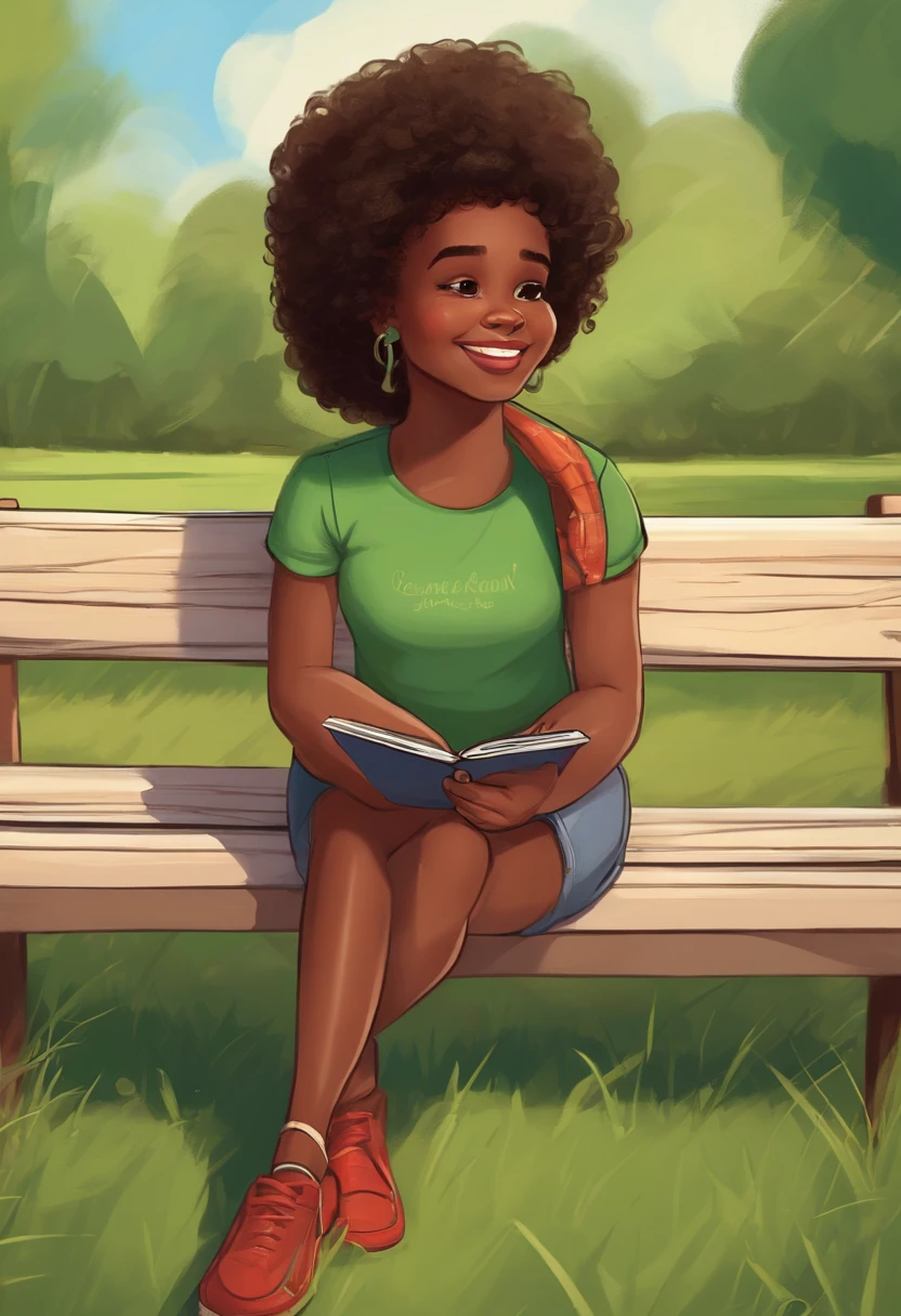 Um desenho de uma menina negra de 10 anos com cabelos afro castanhos e uma camiseta vermelha. She's sitting on a white bench in a green field, full of grass and trees. She holds her phone with her right hand and strikes a fun pose for the camera. She has a cheerful and confident expression, but also challenging. She looks directly at who is seeing the drawing, como se quisesse mostrar a sua personalidade forte e independente. O desenho tem um estilo inspirado nos filmes da Pixar, with soft strokes and vibrant colors.