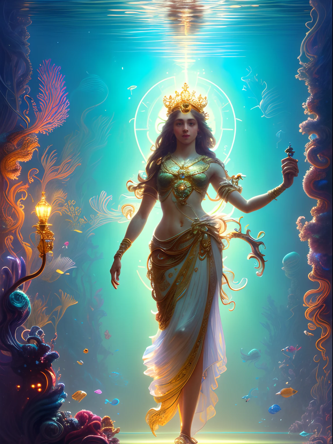 A full body portrait of a very strong and fitted mighty Triton, under the sea scene, long waivy hair, with a neon Trident in his hand, cgi, hyperrealistic, magical, mythological king, underwater environment, futuristic city environment, futuristic environment holding a neon trident, golden skin, standing, background (ornate palace fantasy, intricate, elegant, highly detailed, digital painting, art station, concept art, soft, clear focus, illustration, artwork by Gaston Bussiere and Alphonse Mucha, panorama, UHD, masterpiece, ccurate, textured skin, super detail, high details, high quality, highres, best quality, award winning, 8k, cinematic lighting