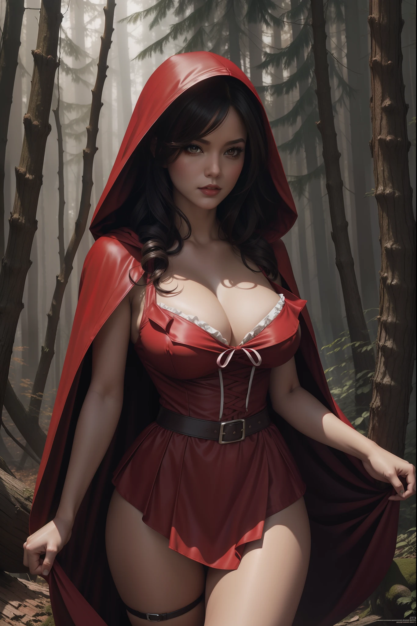 in the style of Artgerm and Adam Hughes, a sexy Little Red Riding Hood, cleavage, forest background, dynamic, ultra high def, 32k,