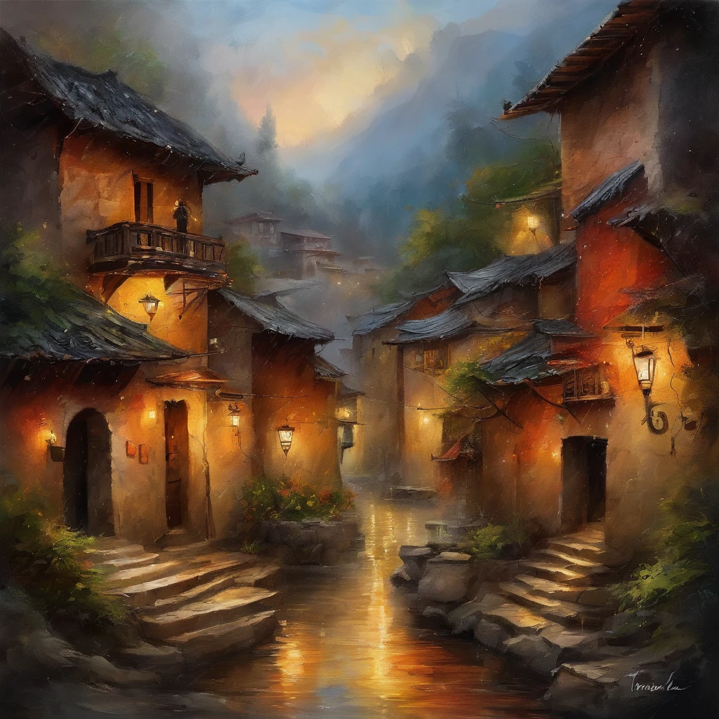 arafed view of a village with lots of lights on buildings, dreamy chinese town, chinese village, amazing wallpaper, surreal photo of a small town, old asian village, raymond han, rainy night, cyberpunk chinese ancient castle, beautifully lit building, evening in the rain, beautiful and aesthetic, photography, film, 8k, high detail ((heavy rain)))