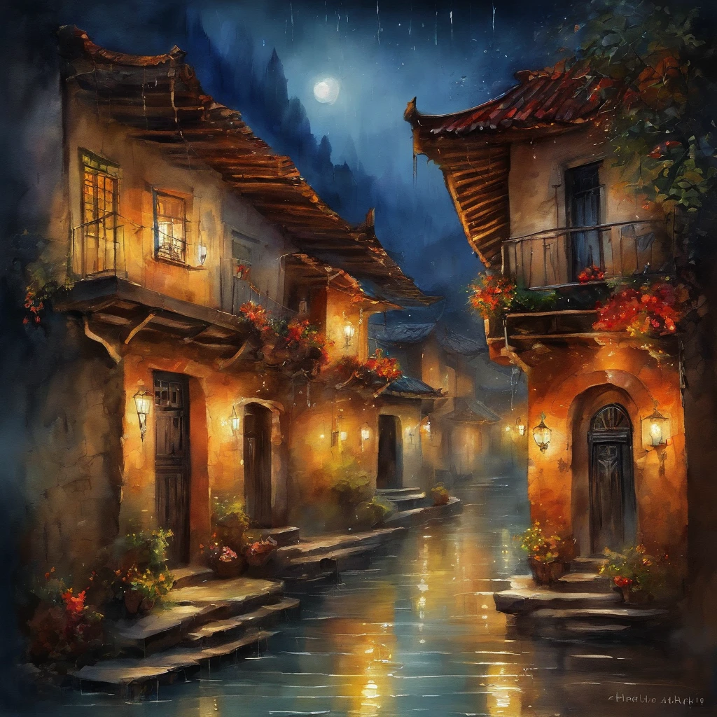 arafed view of a village with lots of lights on buildings, dreamy chinese town, chinese village, amazing wallpaper, surreal photo of a small town, old asian village, raymond han, rainy night, cyberpunk chinese ancient castle, beautifully lit building, evening in the rain, beautiful and aesthetic, photography, film, 8k, high detail ((heavy rain)))