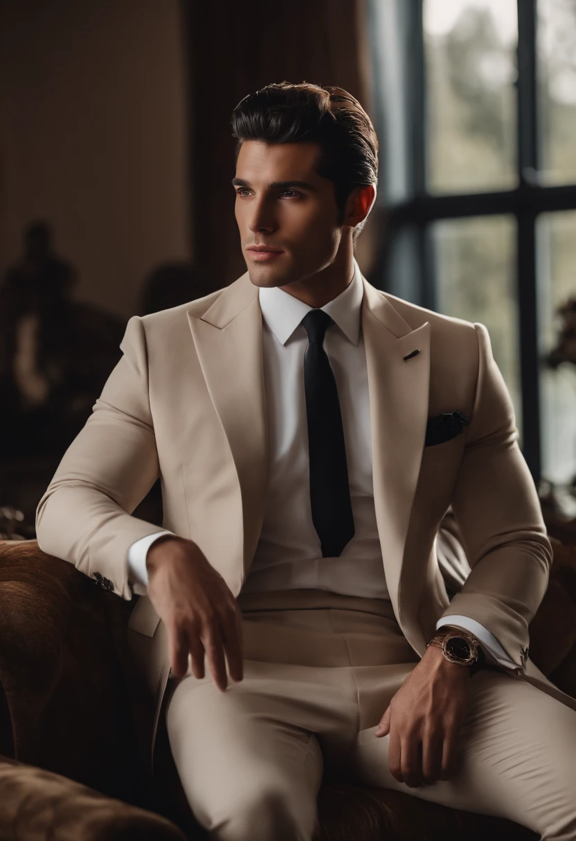 A young man,Handsome,well-muscled,Hairy body,white sock,Ultra-thin tights(Detailed eyes:1.3),Naked topless,Nudity Everywhere,dark eyes,massive bulge,Black hairs protruding from the bulge, full body Esbian,Character sitting on a chair with arms raised, black hair (short classy hair,), Nice Pose, Handsome man, Pretty Face, royal elegant pose, businessman, (In a striped blazer), (The surrounding environment is a luxurious and classic living room) (Sandtone imagery) ultra realistic, royalty prince looking, old money aesthetic, Italian looking, classy suit, Rolex, classic car in the background, royalty looking, wearing Ralph Lauren suit, Michele Morrone face lookalike, Italian luxury country mansion in the background, Italian man,