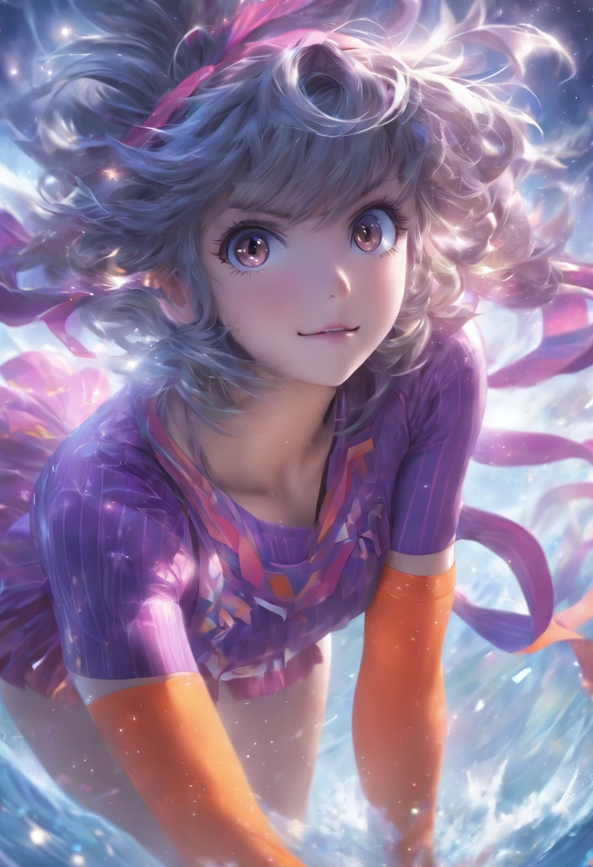 (Best Quality,4K,hight resolution),Medium:1.2,Ultra-detailed,Realistic:1.37,purple outfit,Orange Eyes,Gray wavy hair,Gray medium bob cut, girl,Black Hair Ribbon,Cheek mole,Show your thighs a little,Mini skirt,oblique bangs,Doweed,shy expression,upper view