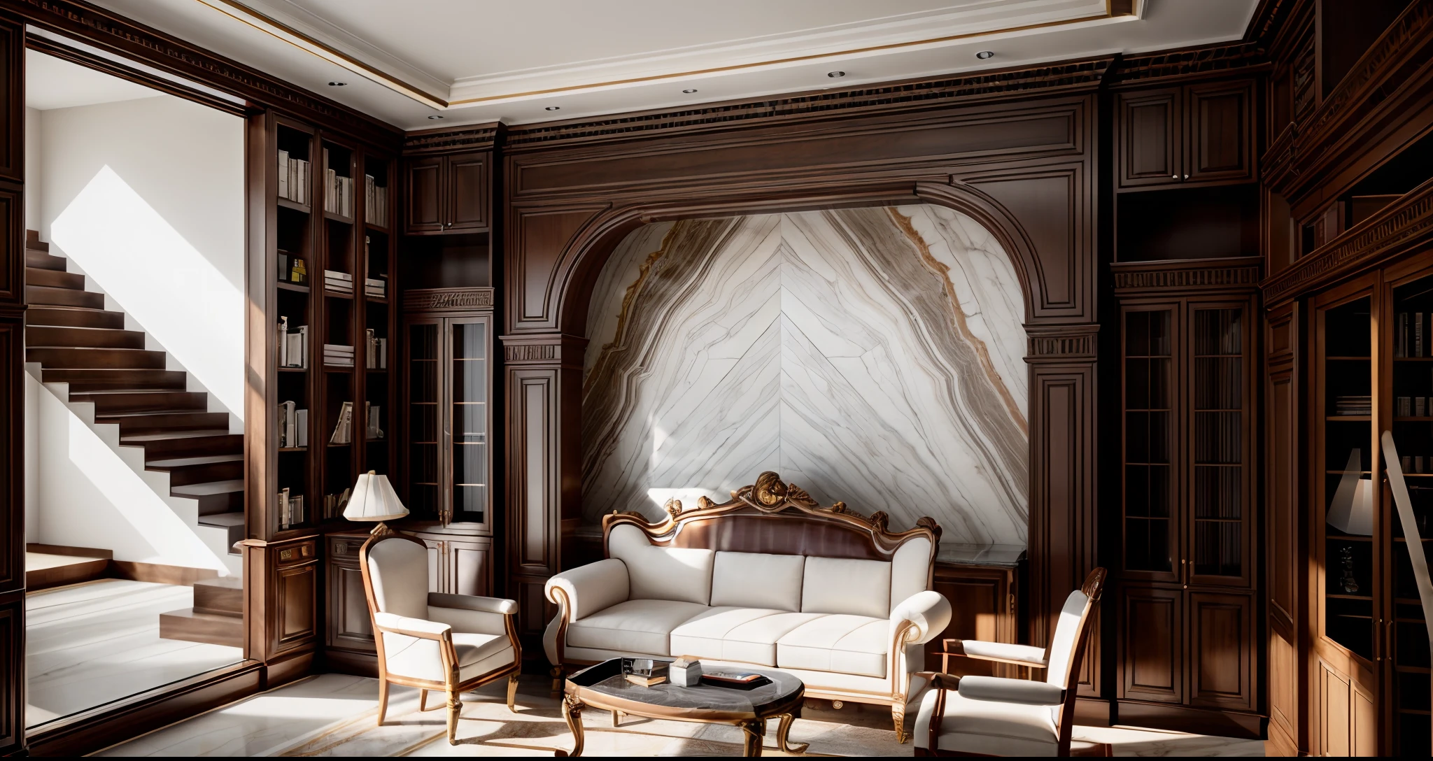 Raw photo (masterpiece:1.2), ultra-detailed, of a living room with a couch and a coffee table, marble room, marble and wood and glass, luxury furniture, neo - classical style, red and white marble panels, library in the style of baroque, baroque marble and gold in space, neoclassical style, interior living room, marble wall, (high shelves Natural dark reddish brown wood:1.1), (Natural dark reddish brown wood cabinet detail:1.1), (Marble stone behind detailed cabinet wall), (brown leather sofa neoclassic detail:1.1), (cabinet glass detail:1.1) for living room storage, (luxury pendant lights1.1), neoclassic interior, neoclassic living room, render vray, realistic 3d, neutral light, (photo-realistic:1.5),(hyper detail:1.5), archdaily, award winning design, (dynamic light:1.3), (daylight:1.2), (perfect light:1.3), (shimering light :1.4) , (Natural dark reddish brown wood curved1:1), refection glass windows, (curved line architecture arch:1.2), (day:1.1), photorealistic, FKAA, TXAA, RTX, SSAO, , Post Processing, Post-Production, CGI, VFX, SFX, Full color,(Unreal Engine 5:1.2), Canon EOS R5 Camera + Lens RF 45MP full-frame CMOS sensor, HDR, Realistic, Cinematic intricate detail, extreme detail, science, hyper-detail, super detail, super realistic, crazy detail, intricate detail, nice color grading, reflected on glass, eye-catching wall lights, octane render, cinematic, trending on artstation, High-fidelity, Viwvid, Crisp, Sharp, Bright, Stunning, ((Lifelike)), Natural, ((Eye-catching)), Illuminating, Flawless, High-quality,Sharp edge rendering, medium soft lighting, photographic render, detailed archviz