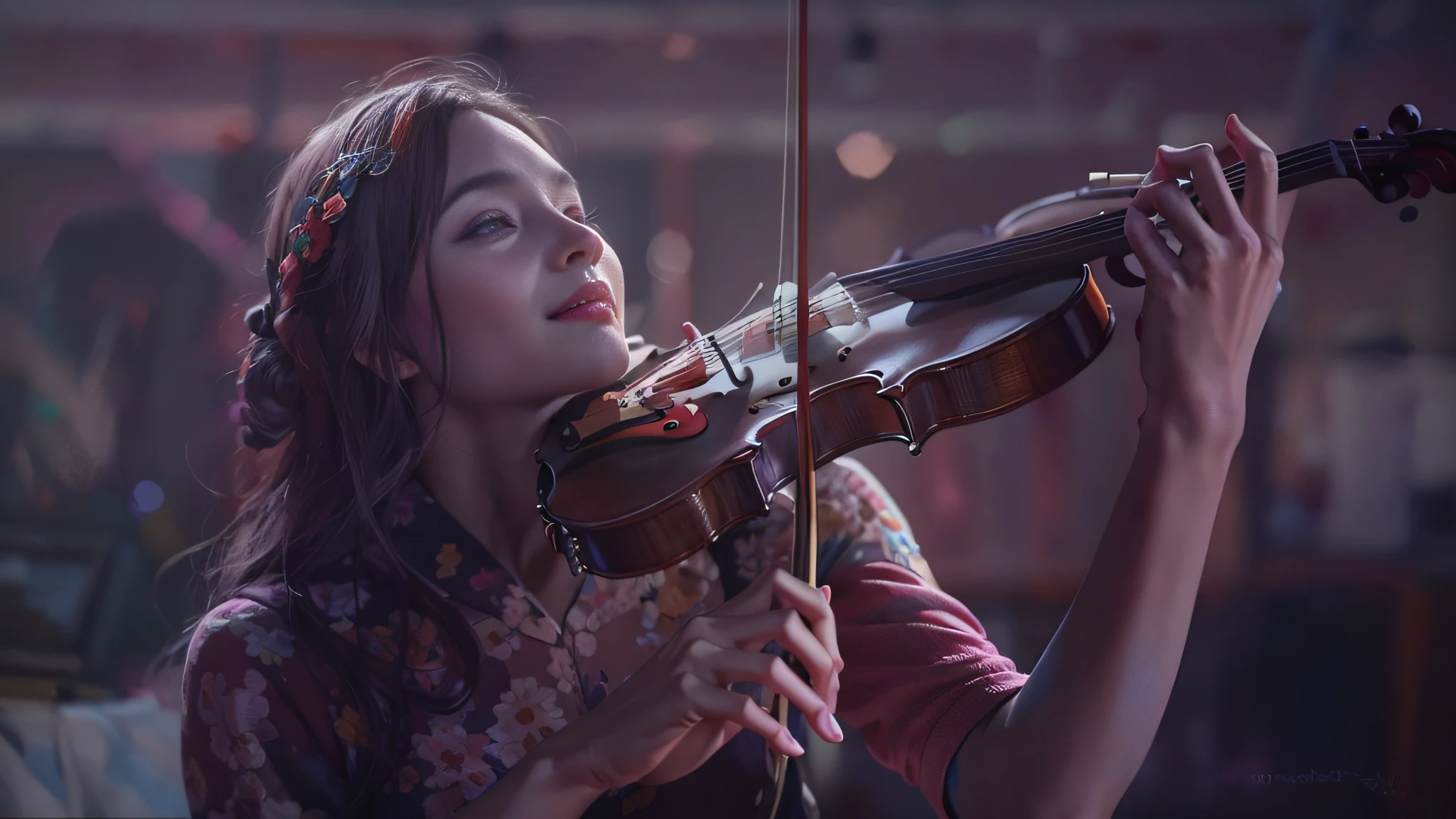A most beautiful ite 21 year old female playing a solo violin passionately portrait painting in the style of Lee Griggs amazing midjourney creativity, detailed realistic fingers
