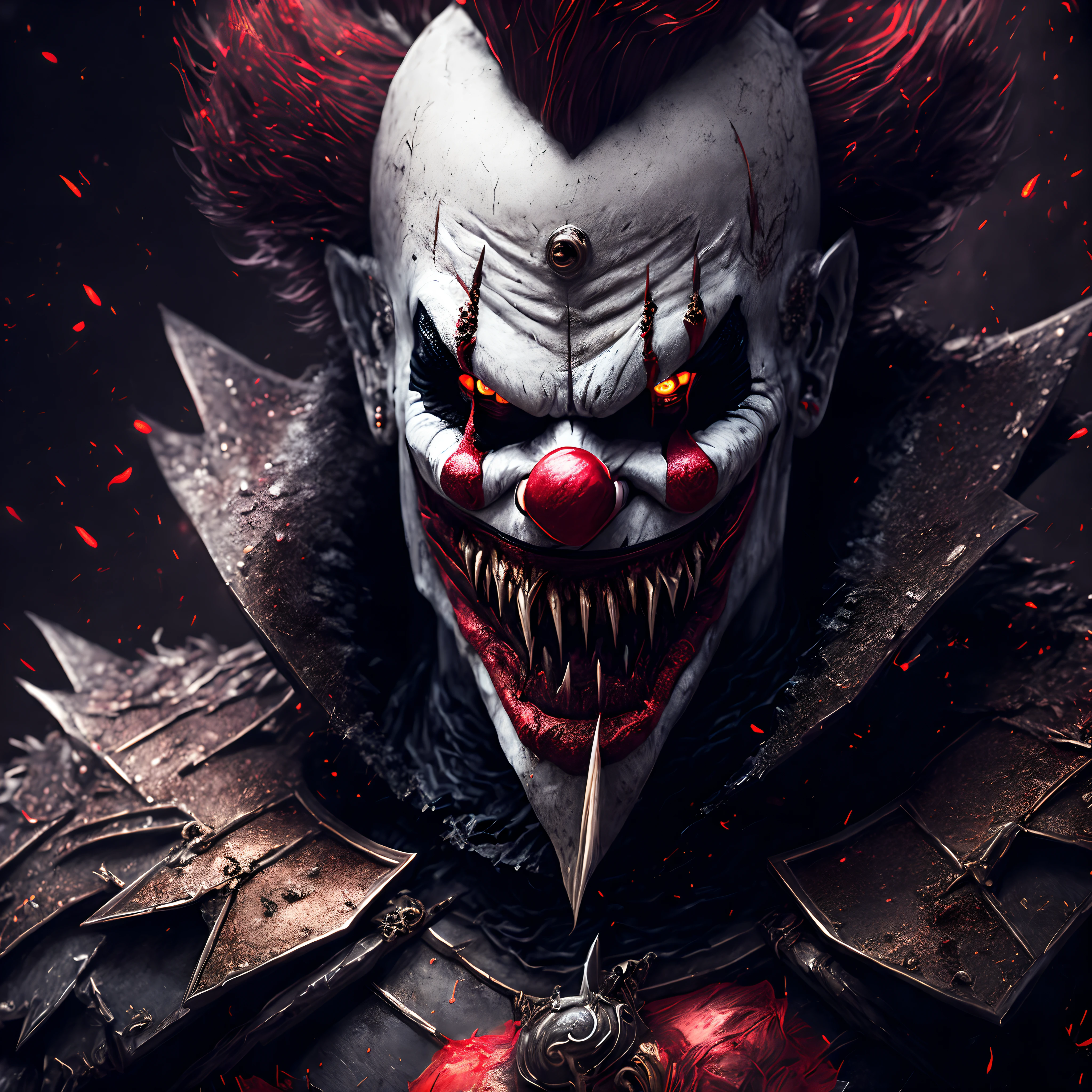 Close-up ( Evil clown from it in Goth style: 1.3) emerging from blood, extremely detailed, emerging from The One Piece show, sparks, metal shavings, flying debris, volumetric light