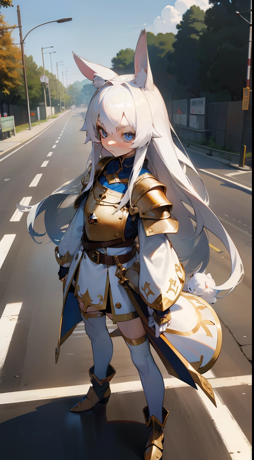Anime,1girl,(small,10years),solo,white hair,(((Long rabbit ear))),blue eyes,long hair,wolf tail,templar gold knight outfit,masterpiecd,hd,4k,best face,detailed face,innocent face,serious face,(((standing in the road,)))