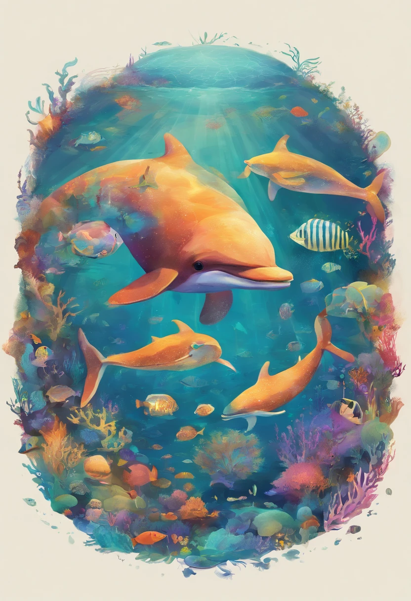 Create an enchanting illustration where a diverse array of marine animals, from dolphins and turtles to colorful fish and majestic whales, come together to form a vibrant, underwater world. The animals should be arranged in a circular shape, giving the impression of a living planet teeming with life.