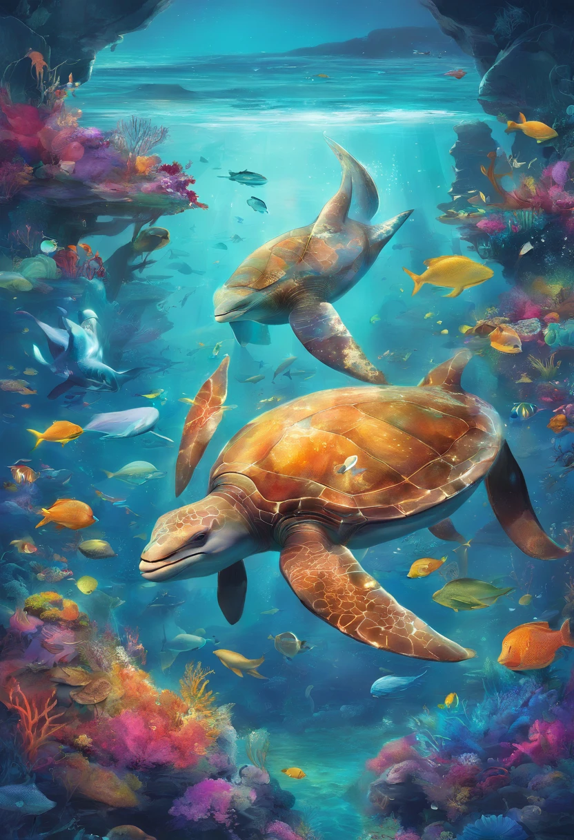 Create an enchanting illustration where a diverse array of marine animals, from dolphins and turtles to colorful fish and majestic whales, come together to form a vibrant, underwater world. The animals should be arranged in a circular shape, giving the impression of a living planet teeming with life.