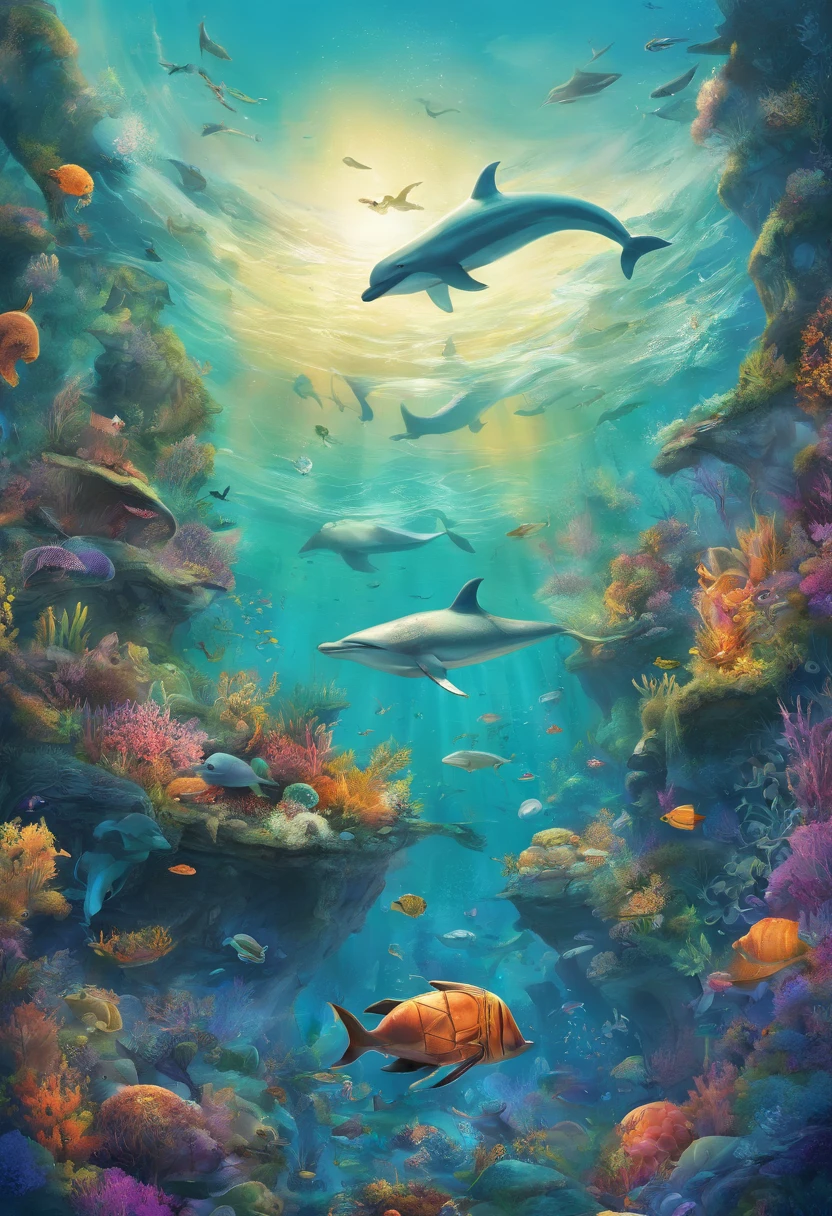Create an enchanting illustration where a diverse array of marine animals, from dolphins and turtles to colorful fish and majestic whales, come together to form a vibrant, underwater world. The animals should be arranged in a circular shape, giving the impression of a living planet teeming with life.