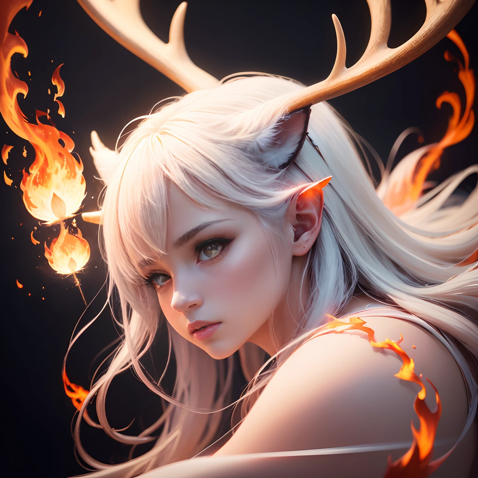 (best quality,highres,ultra-detailed,realistic:1.37),anime,white background,flaming,deer antler,fire,anime art style,shining flames,sharp focus,vivid colors,stylized,glowing antlers,soft lighting,extraordinary detail,surrealistic flames,ethereal beauty,anime girls