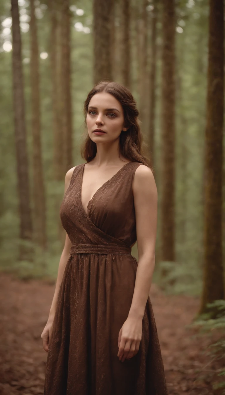 "An extraordinary masterpiece, with intricate details, capturing the essence of absurdity (+1.2 creativity boost). A mesmerizing photo of a single girl, nestled in the depths of the dark forest. She stands by a crackling bonfire, dressed in a brown midi wrap dress."