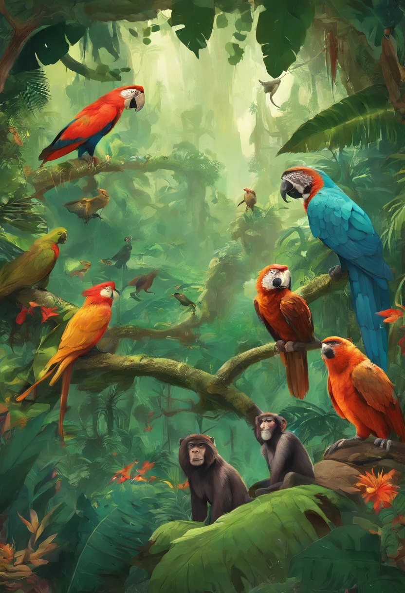 Craft a captivating cover illustration that showcases the rich biodiversity of a tropical rainforest. A variety of creatures, including vibrant birds, playful monkeys, exotic insects, and magnificent big cats, should be arranged in a circular pattern, creating a lush and artistic representation of a jungle ecosystem.