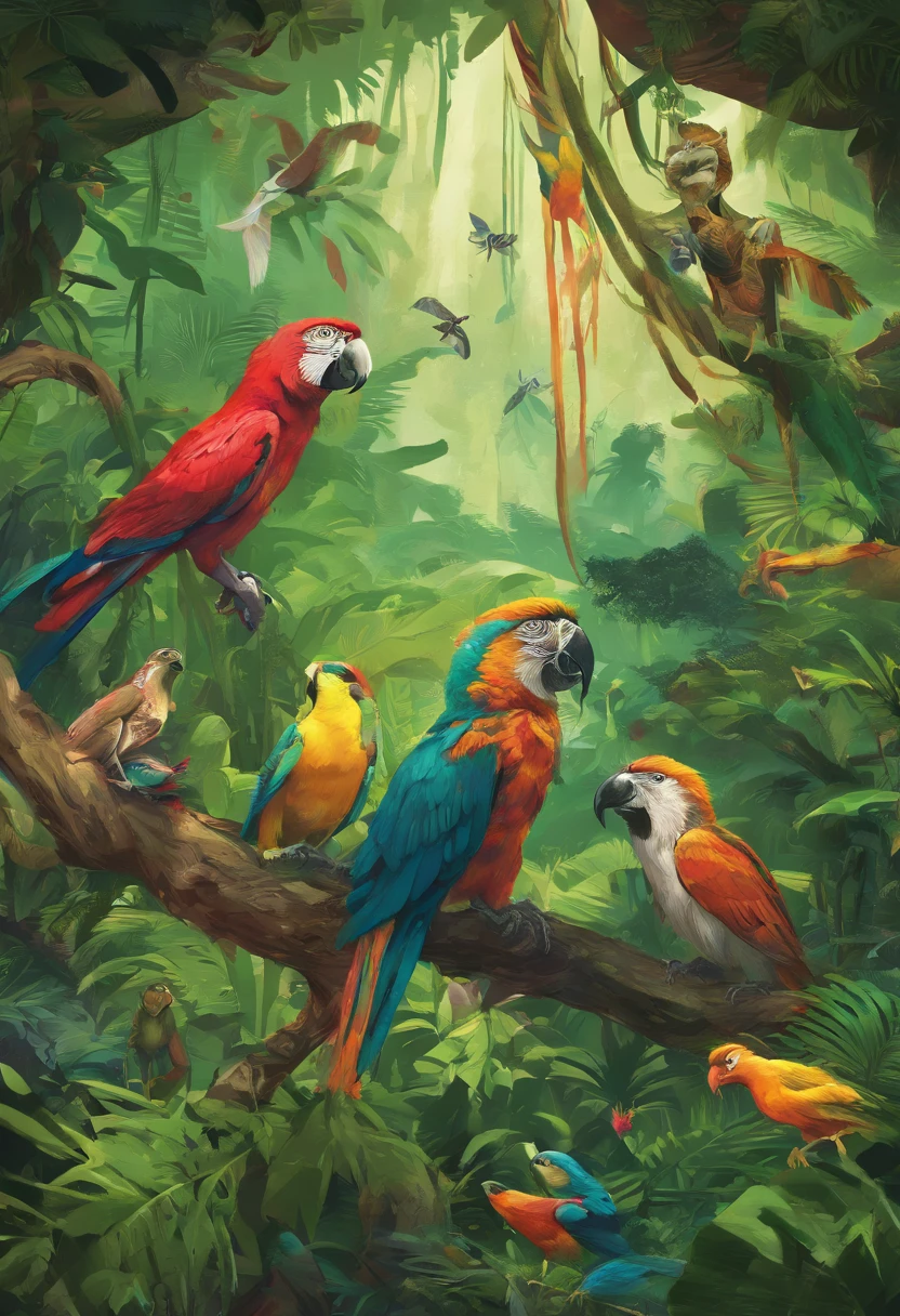 Craft a captivating cover illustration that showcases the rich biodiversity of a tropical rainforest. A variety of creatures, including vibrant birds, playful monkeys, exotic insects, and magnificent big cats, should be arranged in a circular pattern, creating a lush and artistic representation of a jungle ecosystem.