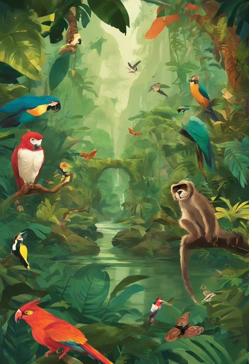 Craft a captivating cover illustration that showcases the rich biodiversity of a tropical rainforest. A variety of creatures, including vibrant birds, playful monkeys, exotic insects, and magnificent big cats, should be arranged in a circular pattern, creating a lush and artistic representation of a jungle ecosystem.