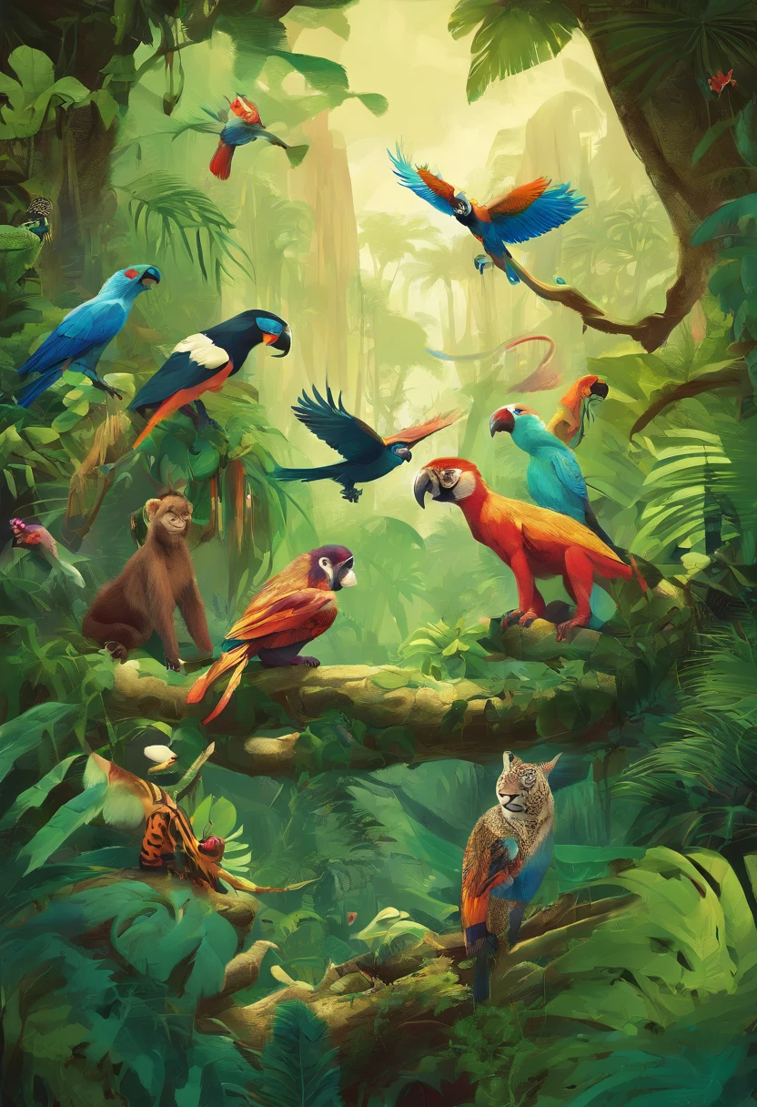 Craft a captivating cover illustration that showcases the rich biodiversity of a tropical rainforest. A variety of creatures, including vibrant birds, playful monkeys, exotic insects, and magnificent big cats, should be arranged in a circular pattern, creating a lush and artistic representation of a jungle ecosystem.