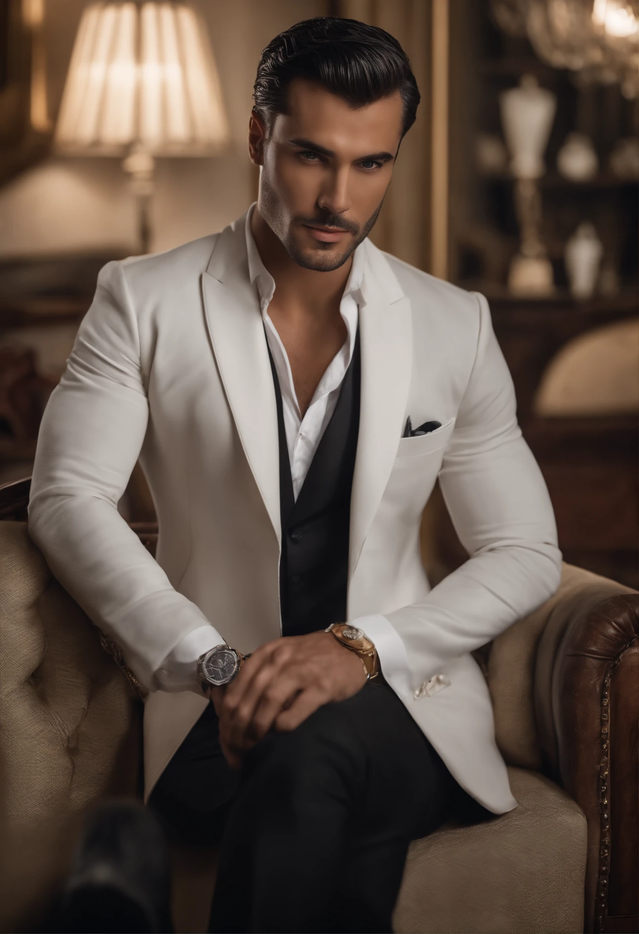 A young man,Handsome,well-muscled,Hairy body,white sock,Ultra-thin tights(Detailed eyes:1.3),Naked topless,Nudity Everywhere,dark eyes,massive bulge,Black hairs protruding from the bulge, full body Esbian,Character sitting on a chair with arms raised, black hair (short classy hair,), Nice Pose, Handsome man, Pretty Face, royal elegant pose, businessman, (In a striped blazer), (The surrounding environment is a luxurious and classic living room) (Sandtone imagery) ultra realistic, royalty prince looking, old money aesthetic, Italian looking, classy suit, Rolex, classic car in the background, royalty looking, wearing white suit,, Italian luxury country mansion in the background, Italian man,
Matteo Bocelli face lookalike,